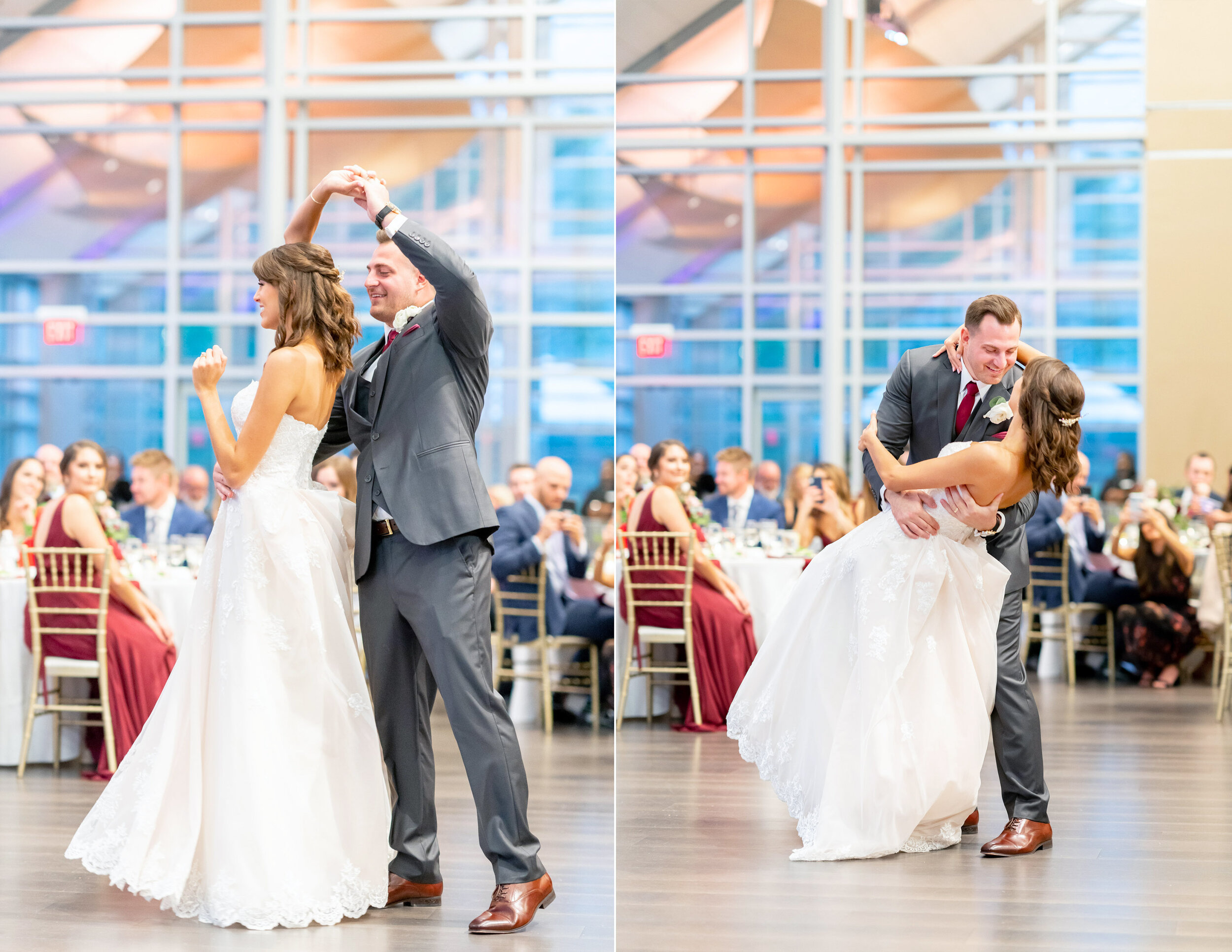 First dance at sunset groom twirling bride on the dance floor