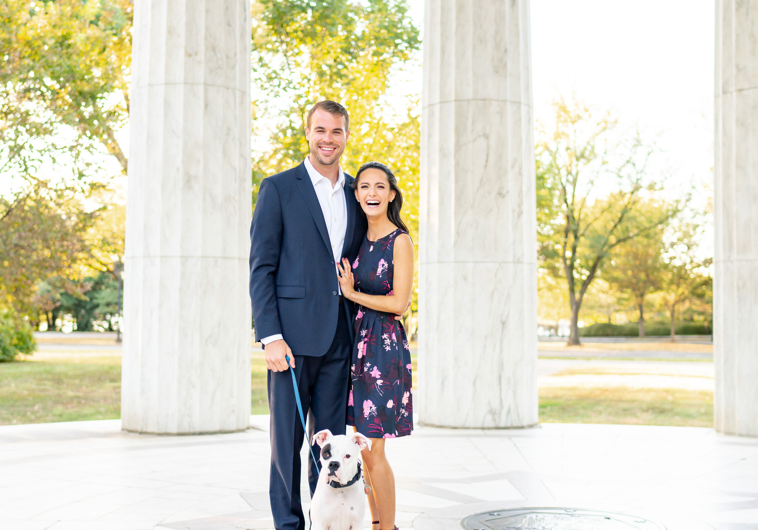 Engagement session in DC at the war memorial in fall sunrise