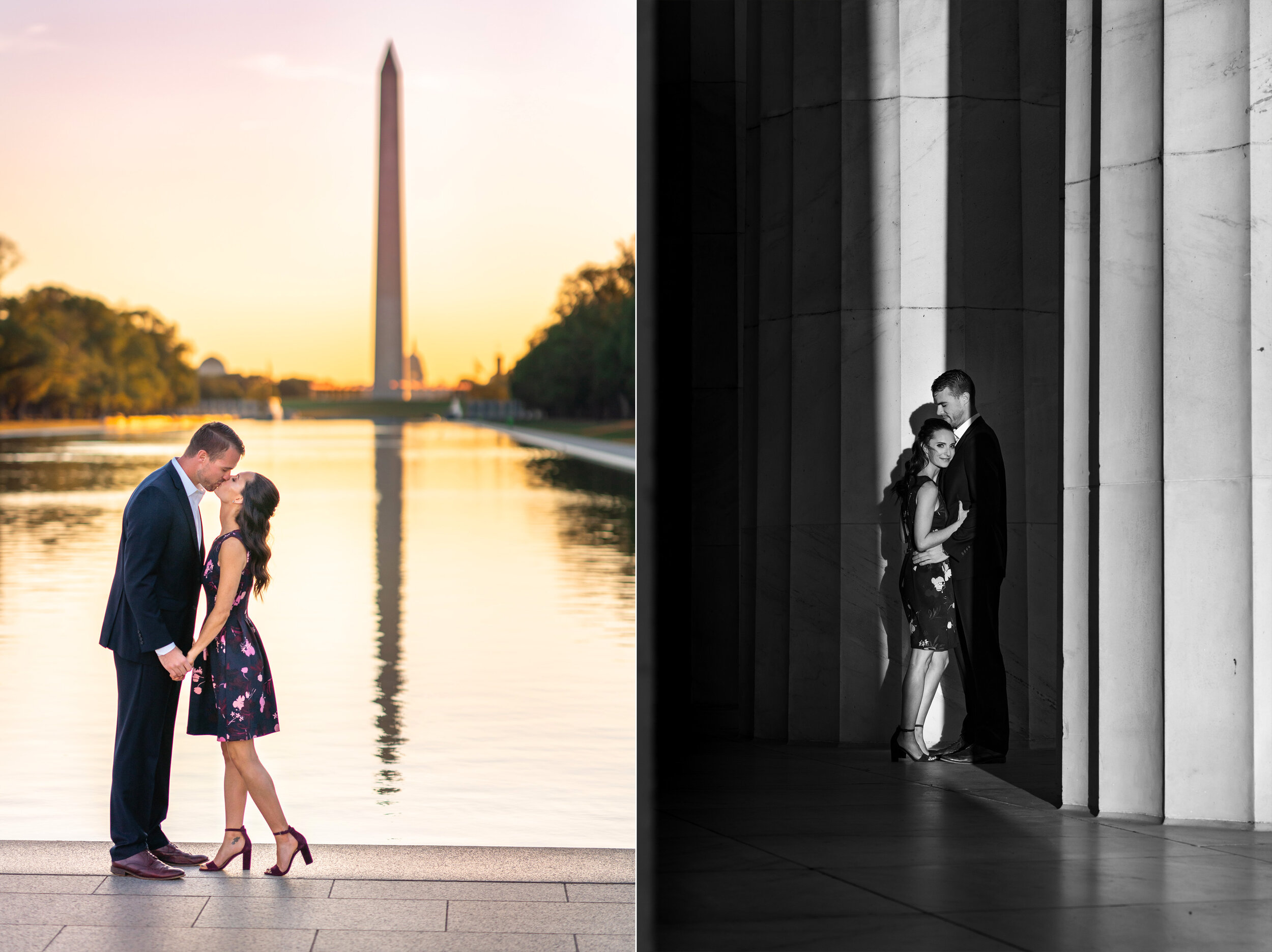 Bride and groom kissing at reflecting pond at sunrise in DC