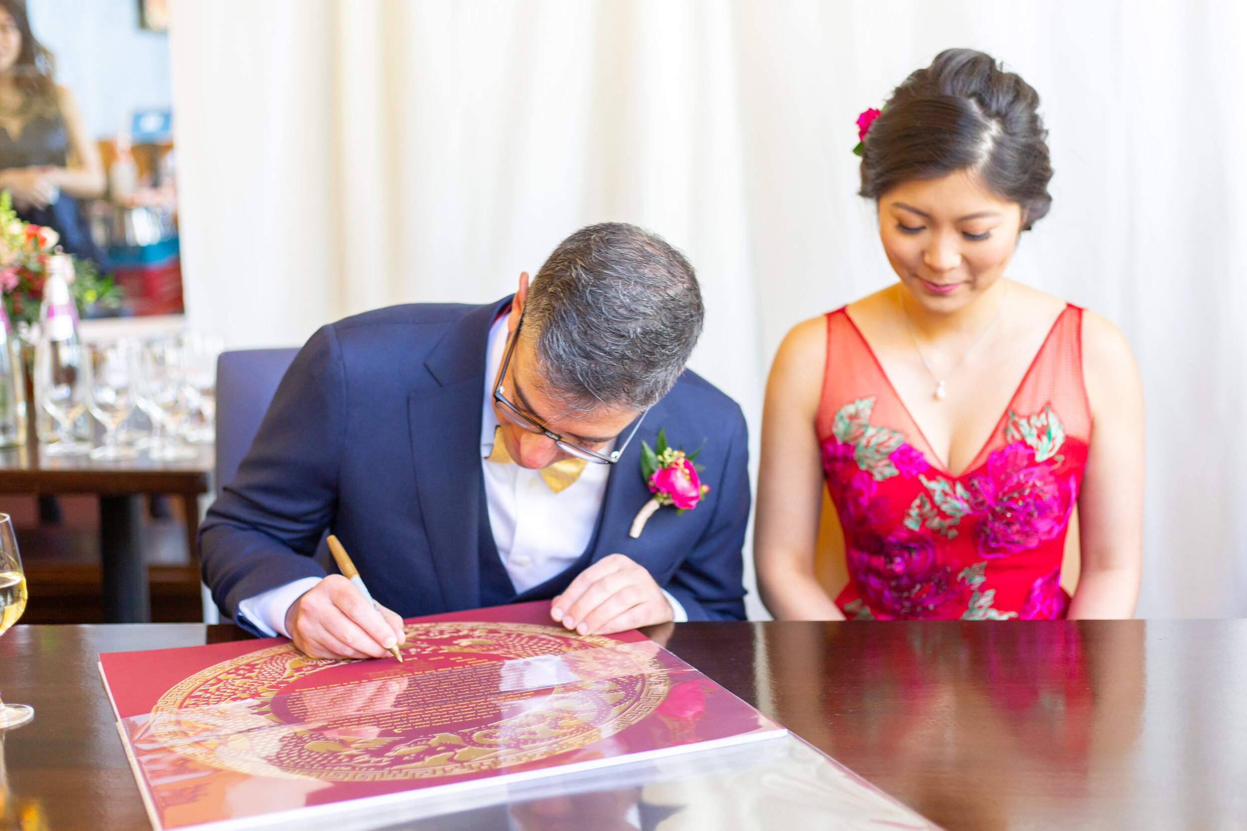 Groom signs the ketubah at 2941 wedding day