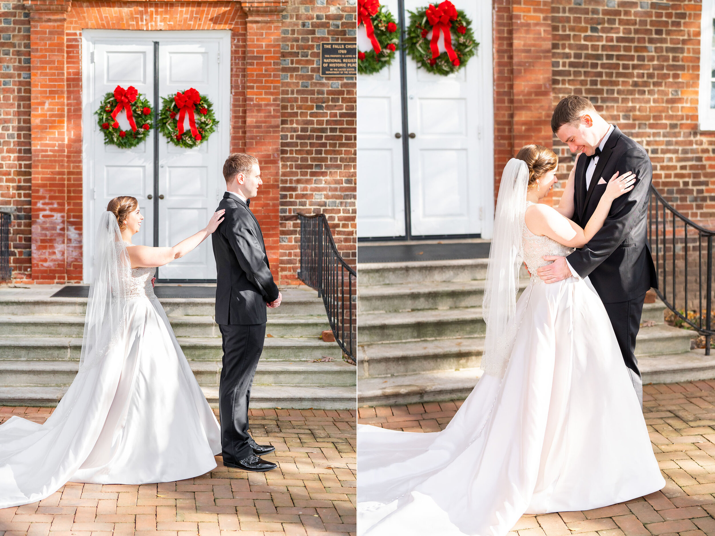 bride taps groom on shoulders at this dc christmas wedding in falls church