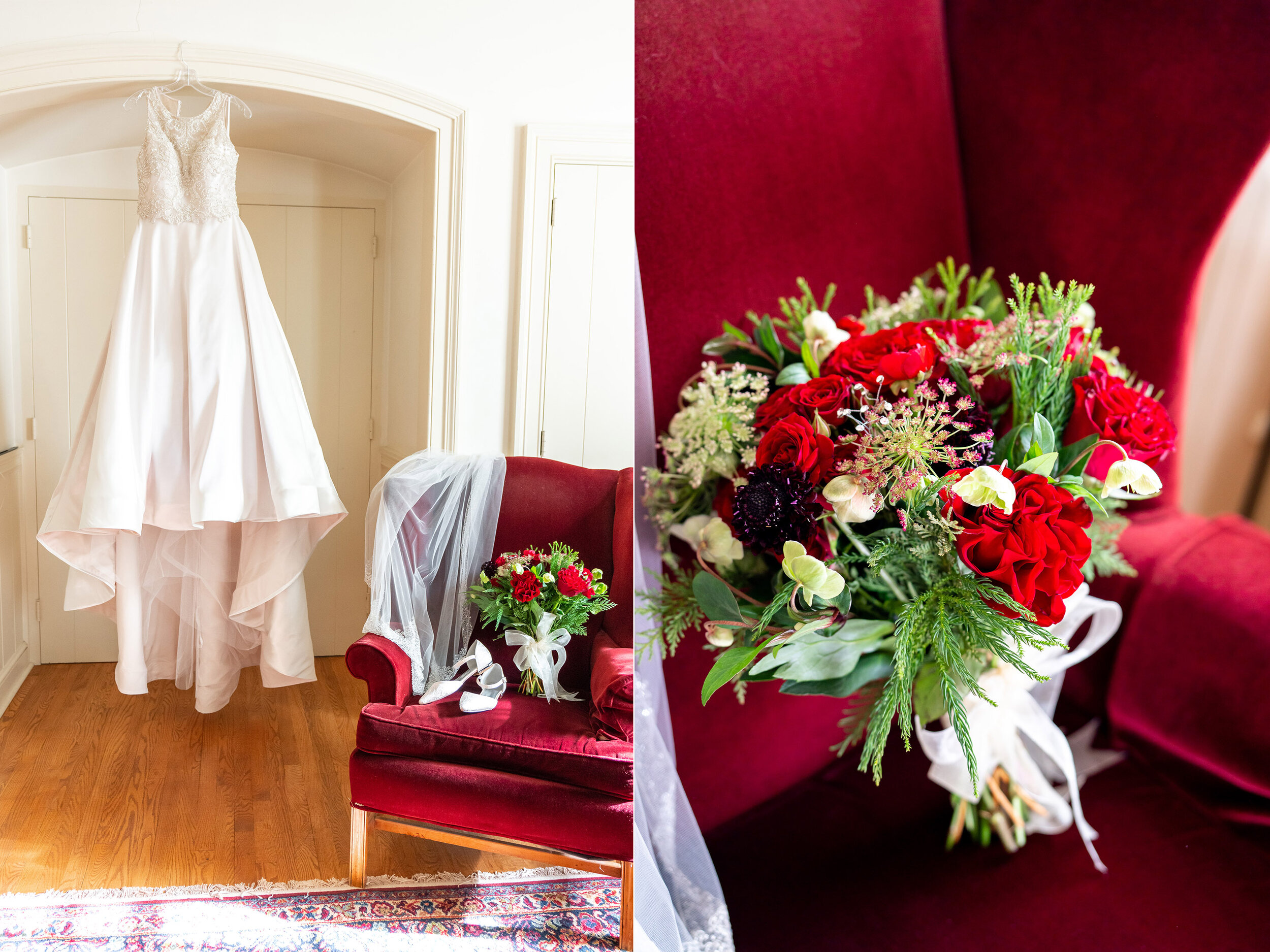 christmas wedding gown and christmas bouquet at falls church episcopal