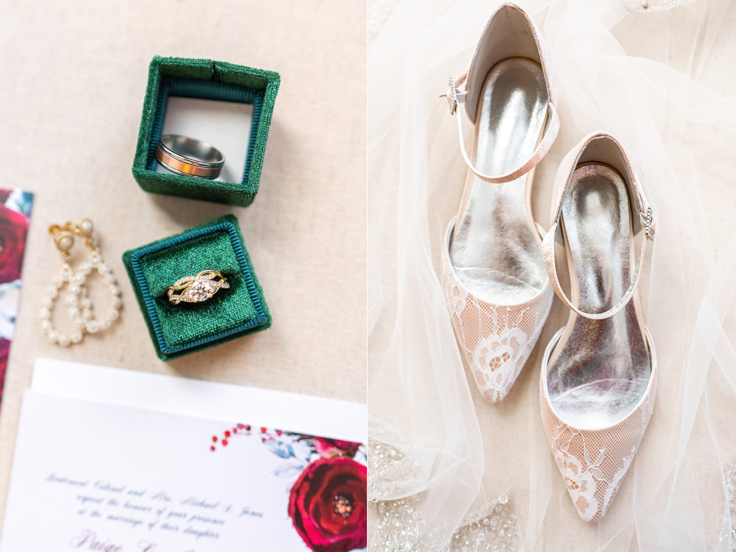 mrs ring box in emerald green with christmas wedding flat lay