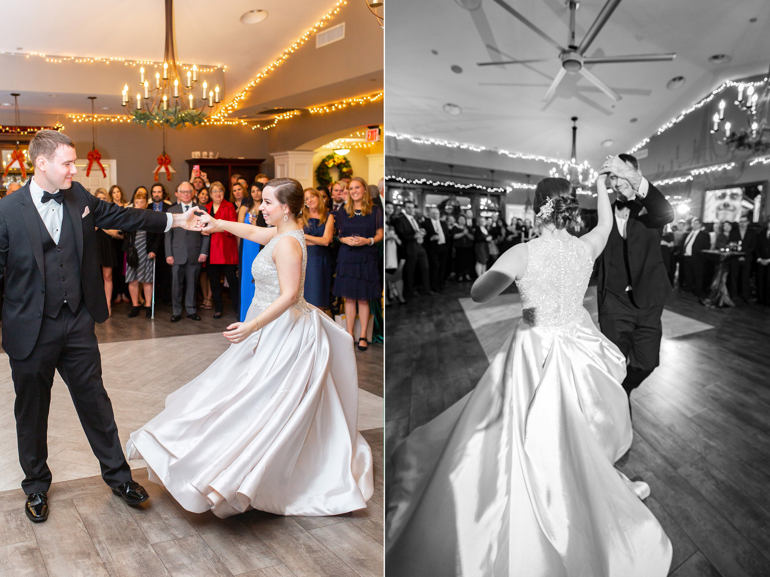 Groom spins bride during first dance at ospreys at belmont bay