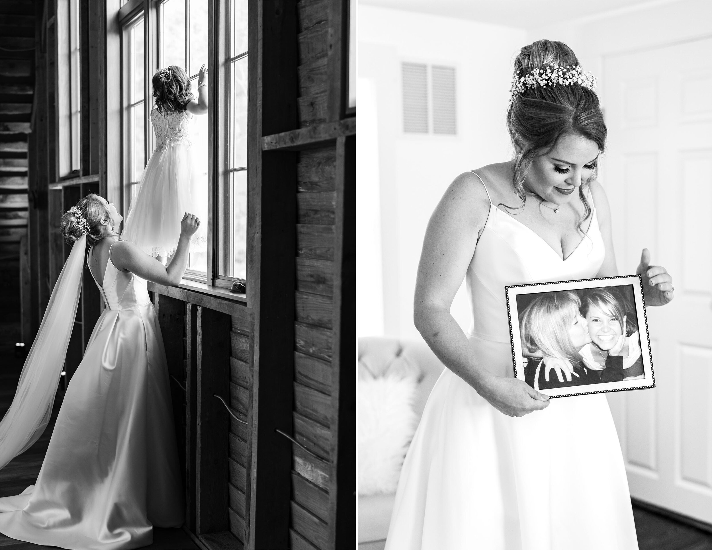 Black and white image of bride holding a framed print of her late mother