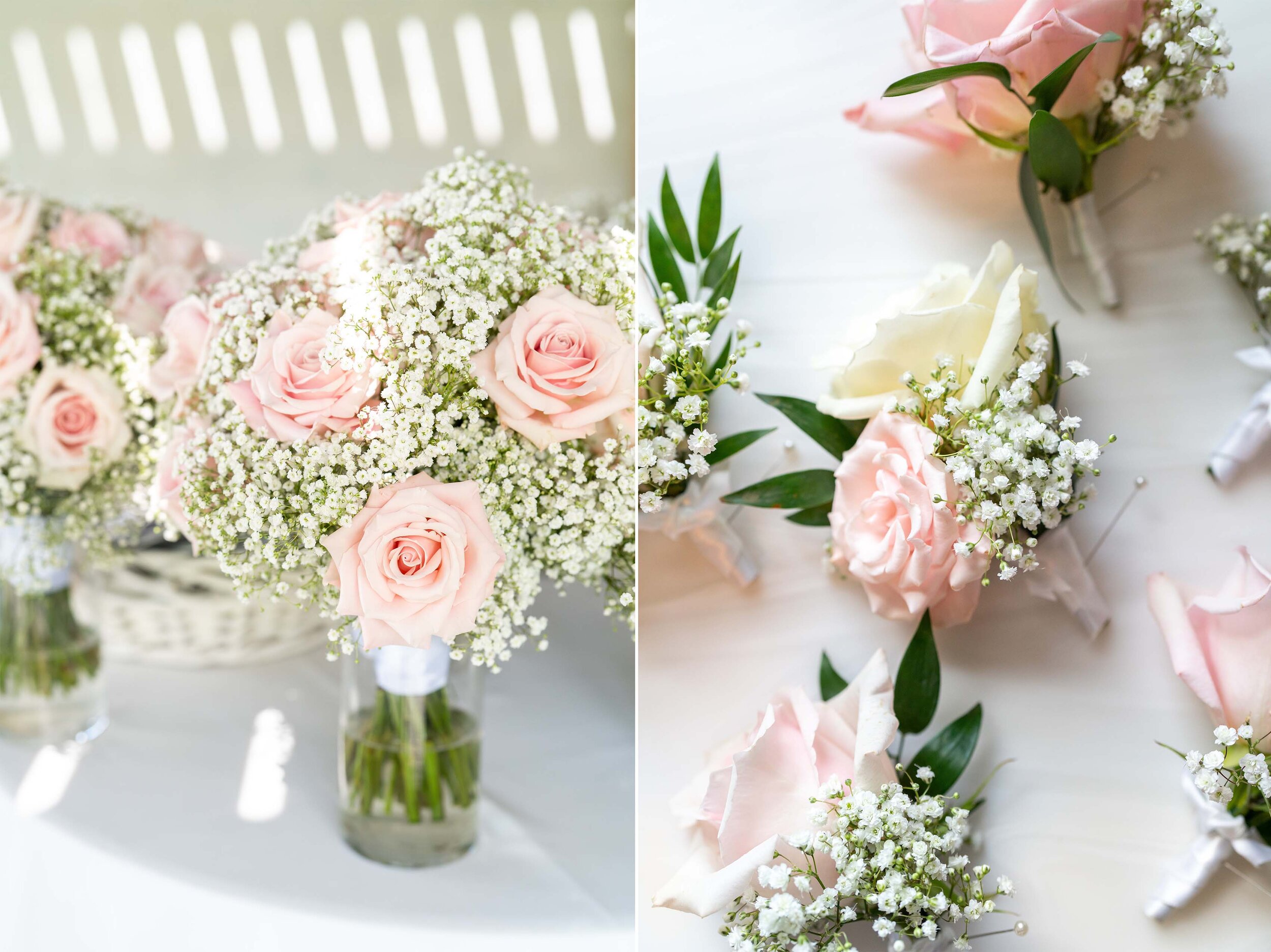 Baby's breath and pink blush roses for bridal and bridesmaid bouquets