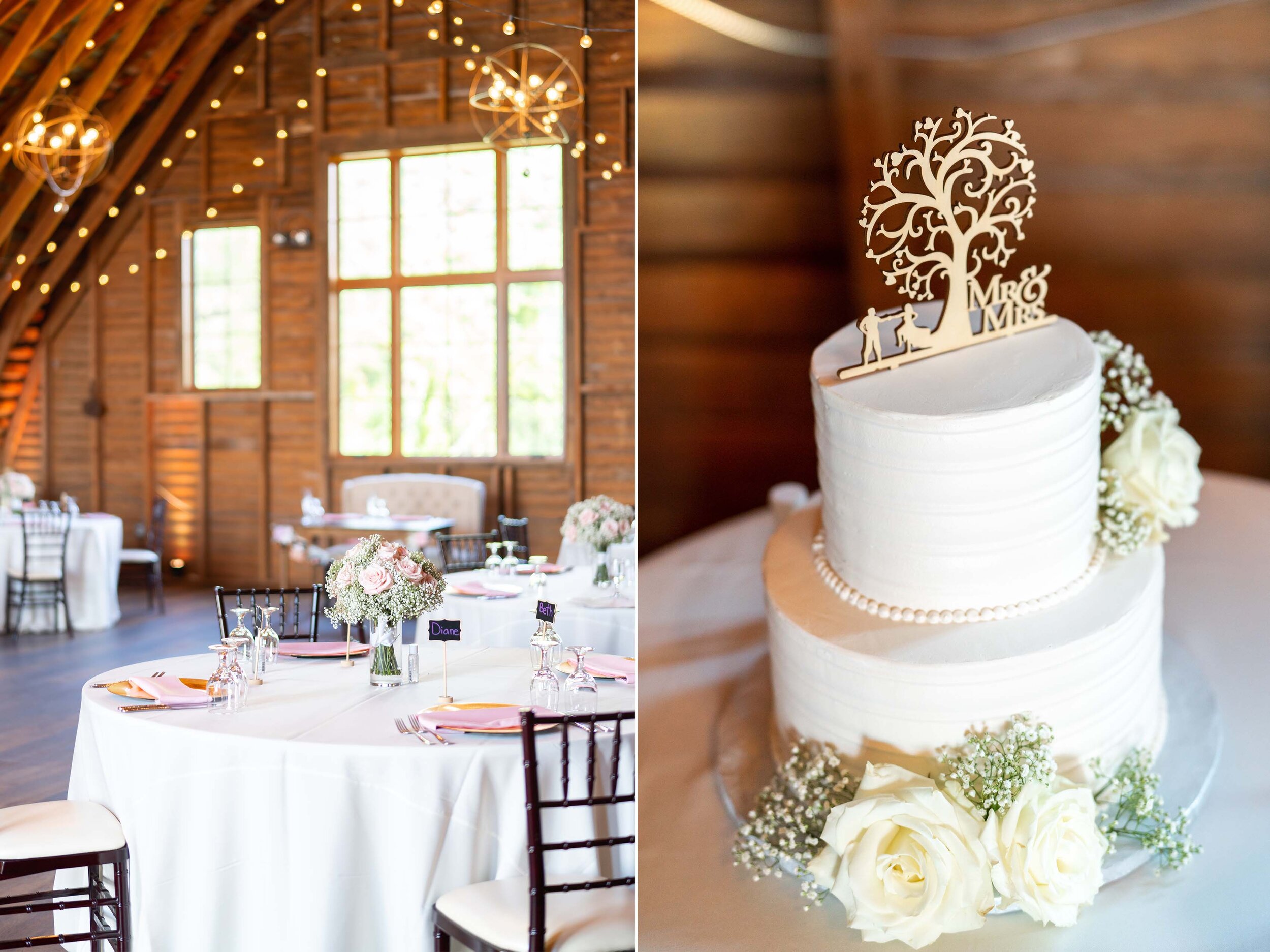 Barn wedding decor and wooden cake topper at 48 Fields 