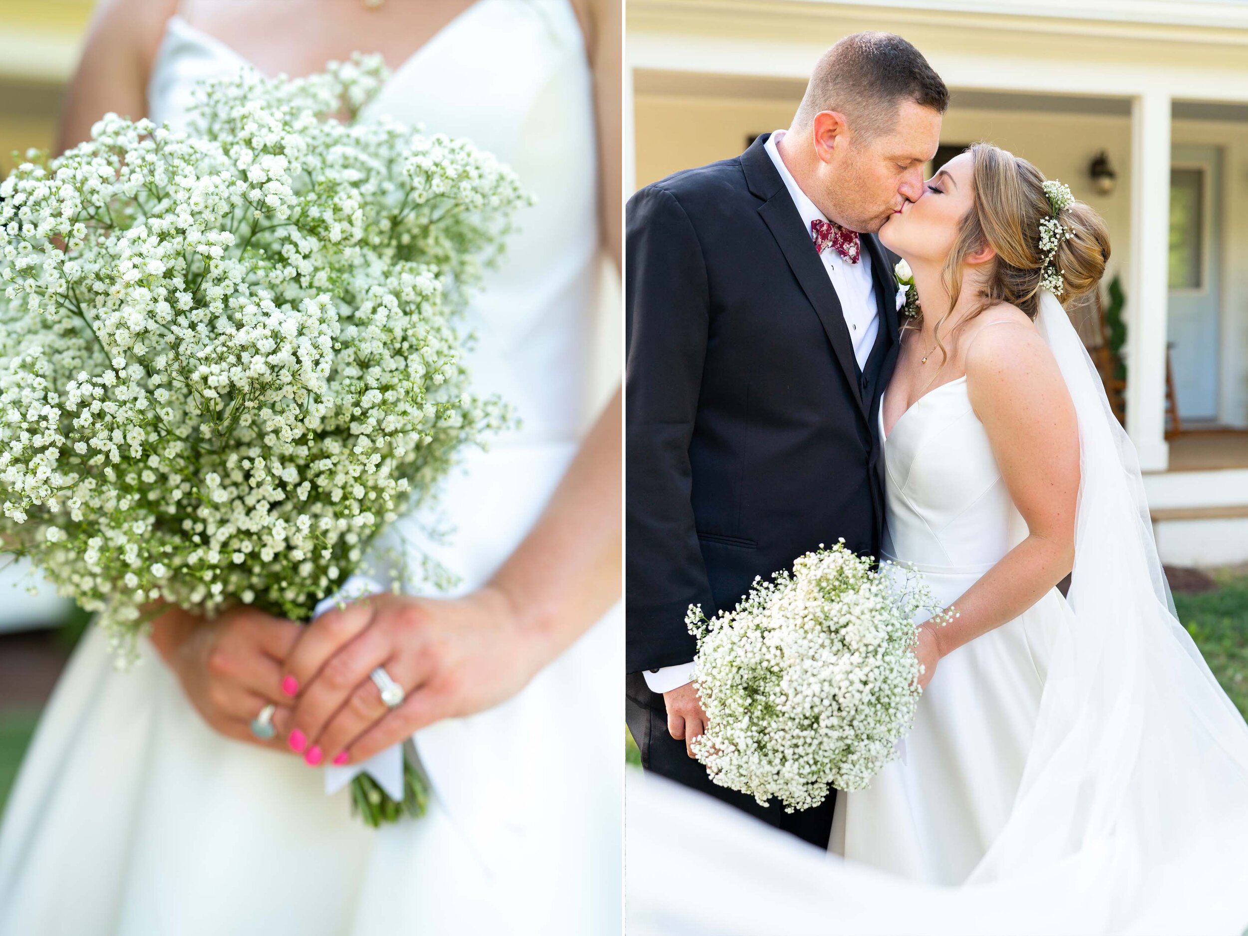 Bride holding baby's breath bouquet in Suzanne Neville River gown