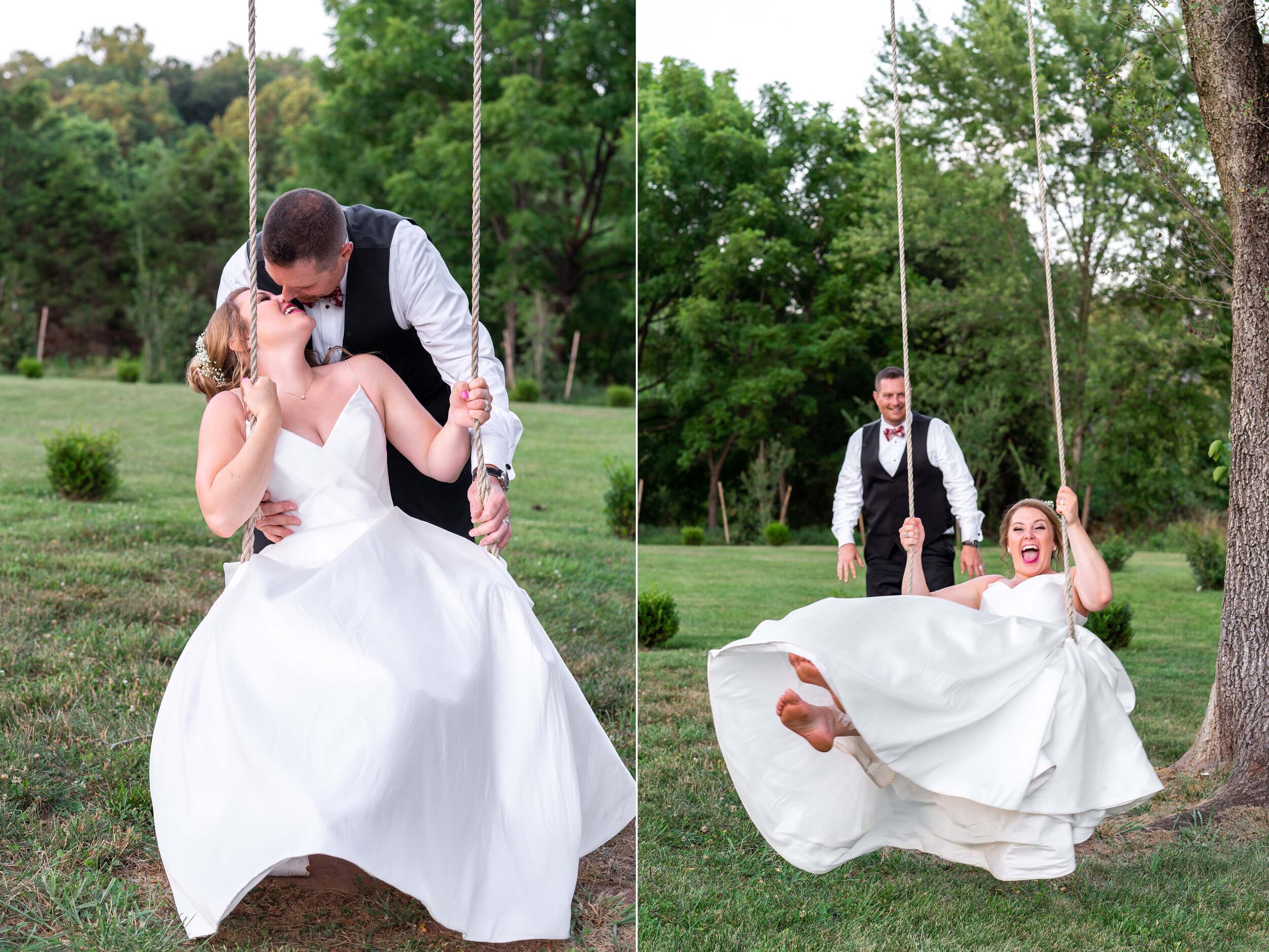Groom pushes bride on a swing at Leesburg venue 48 Fields