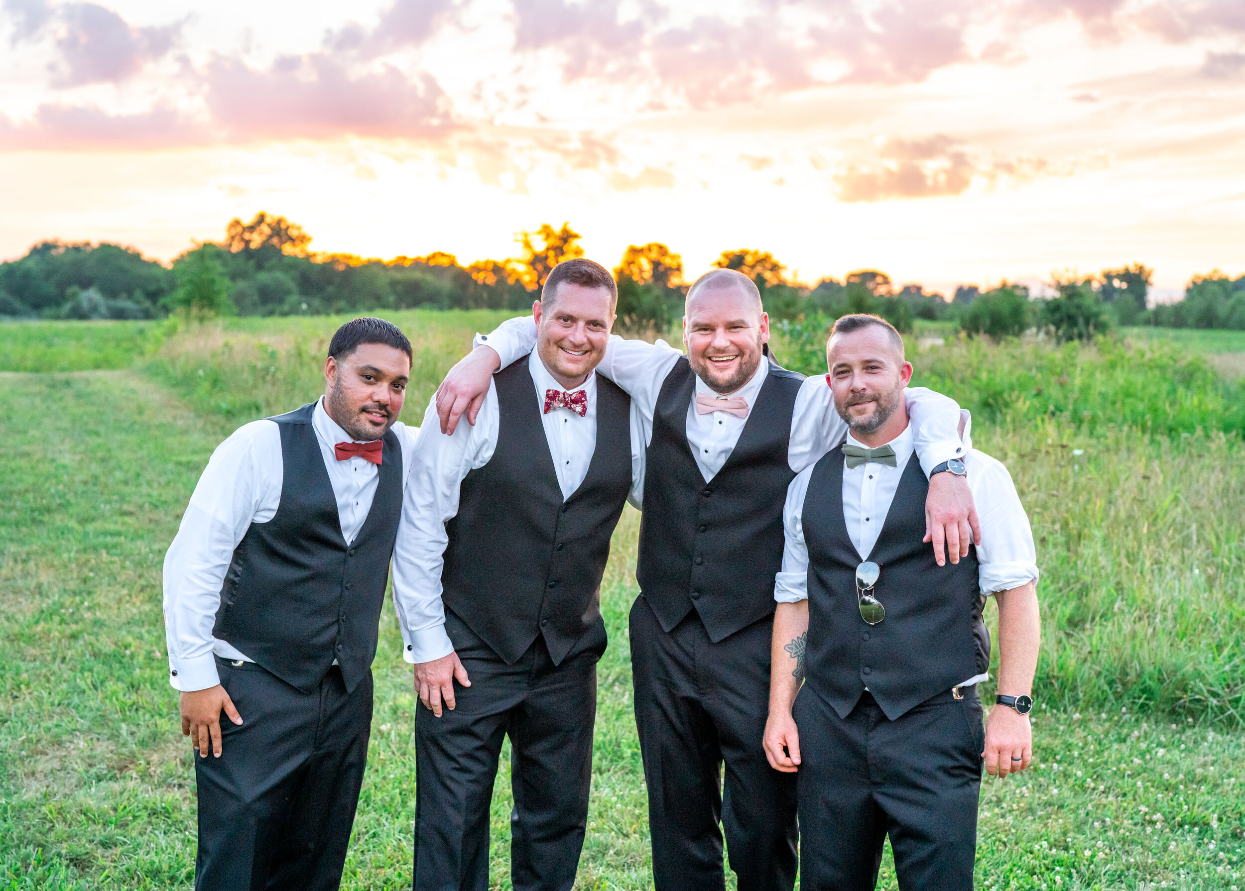 Groom and groomsmen at sunset at 48 Fields venue