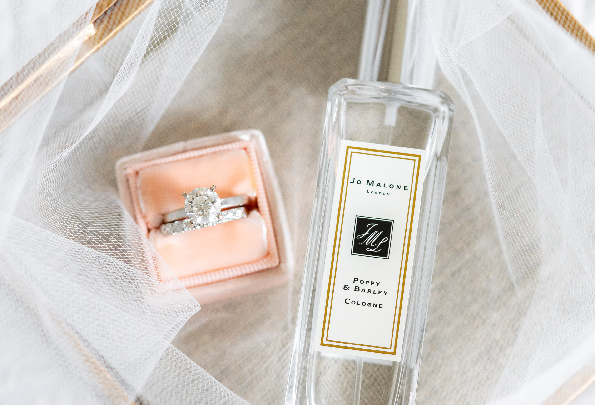 Blush pink Mrs Box and Jo Malone perfume on wedding day details