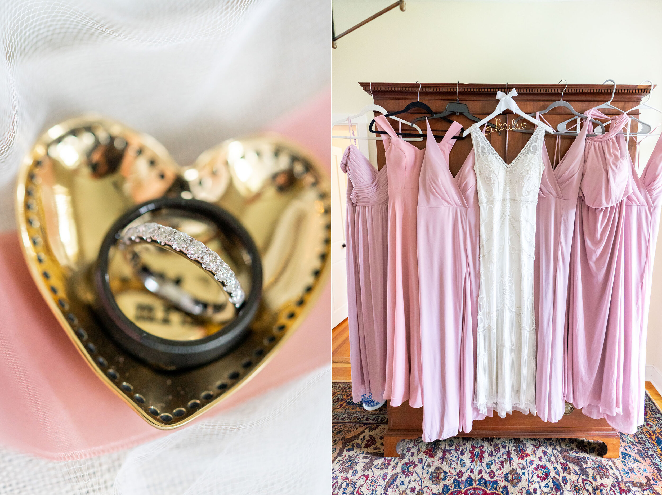Glen Ellen Farm pink bridesmaid dresses hanging on dresser