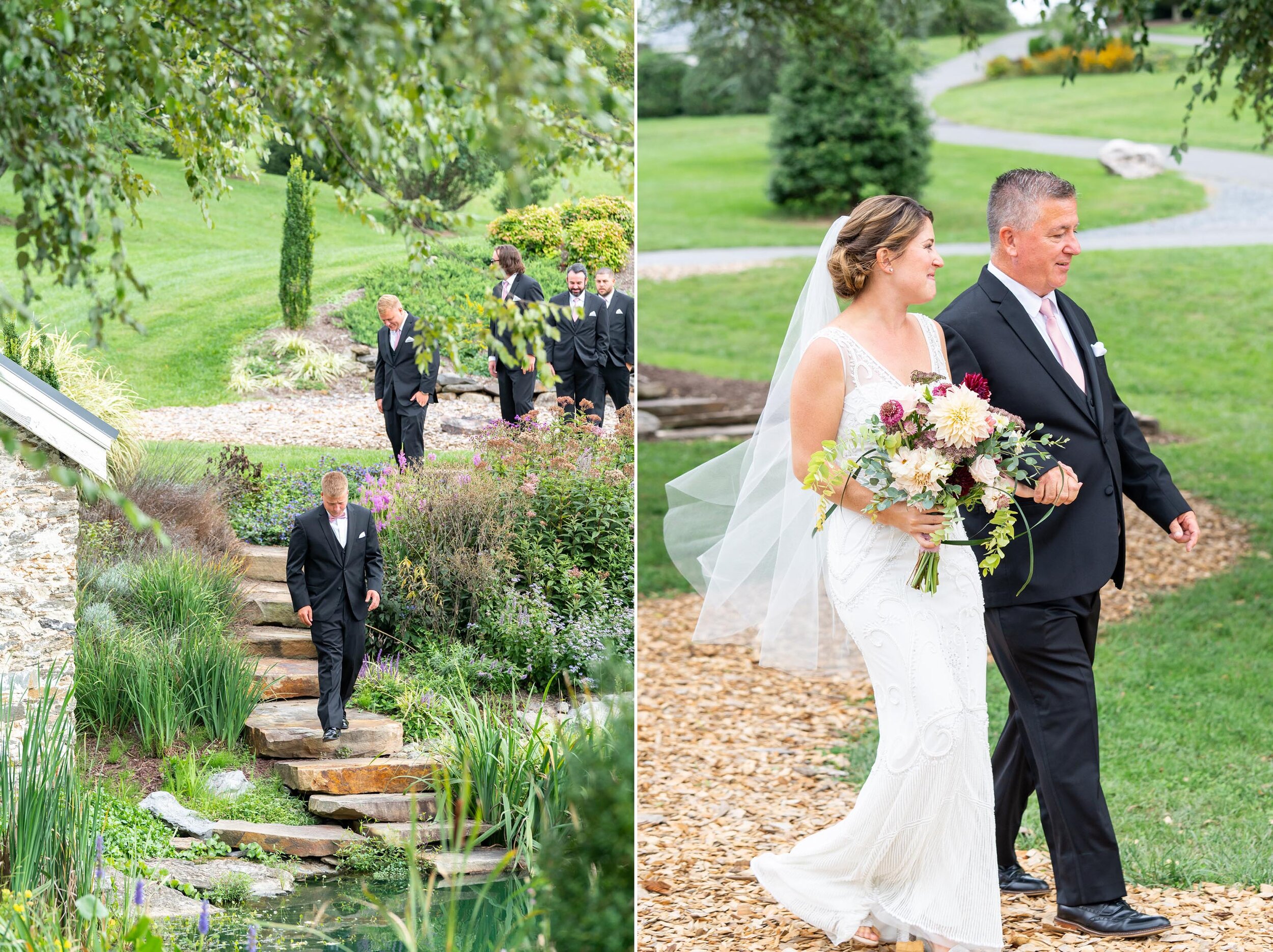 Groom and bride walking down the aisle in front of lake at Glen Ellen Farm in Frederick MD