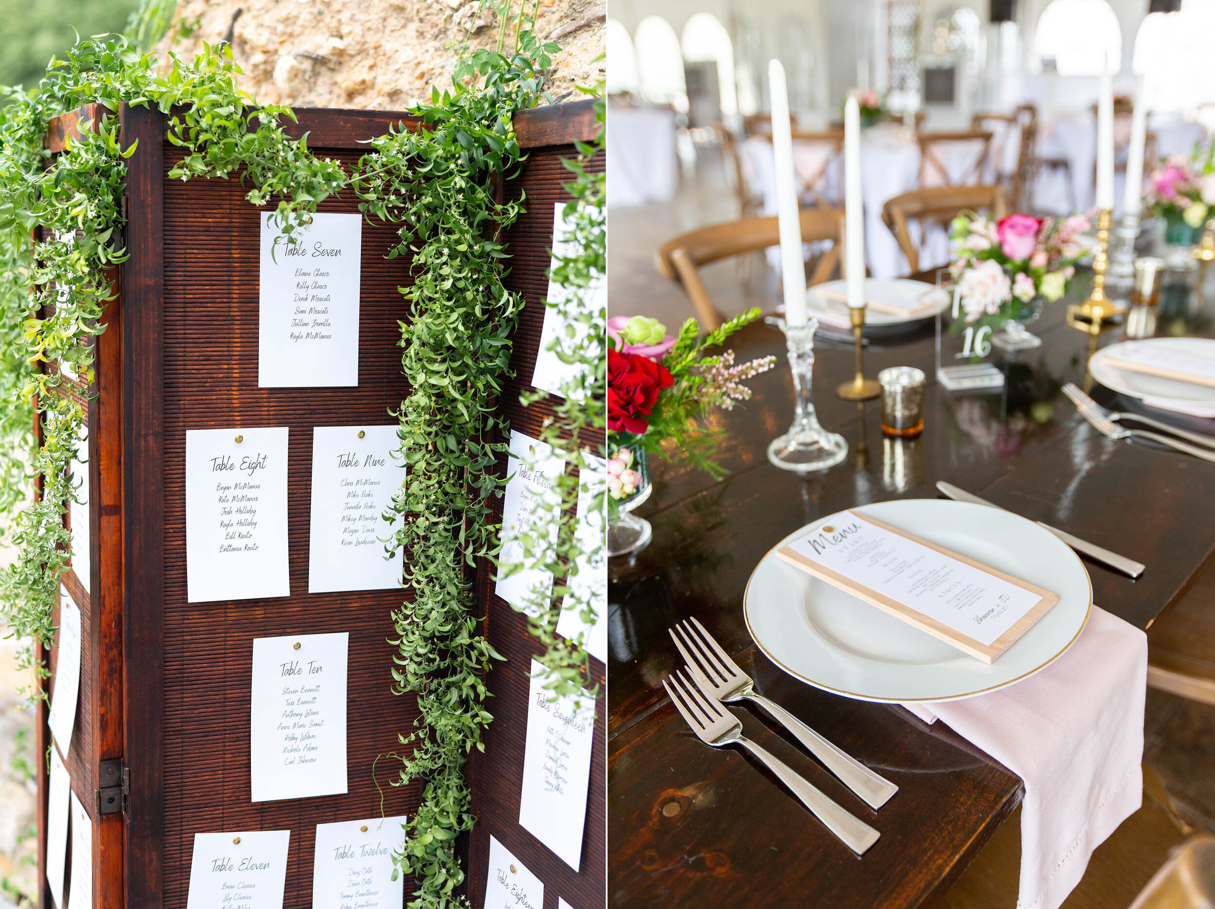 Table chart on farm shutters and draped green ivy florals