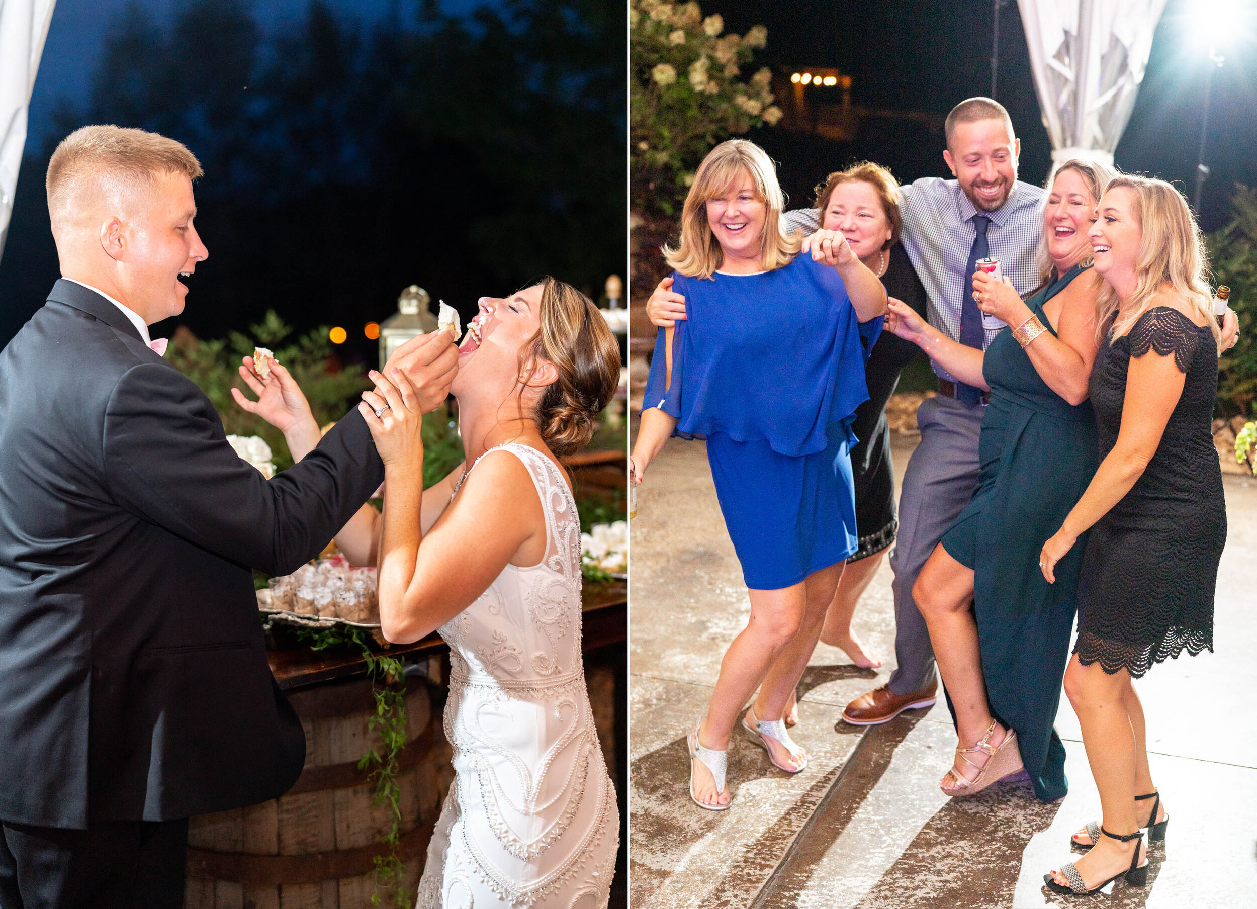 Cake cutting and dancing guests at Glen Ellen Farm at night