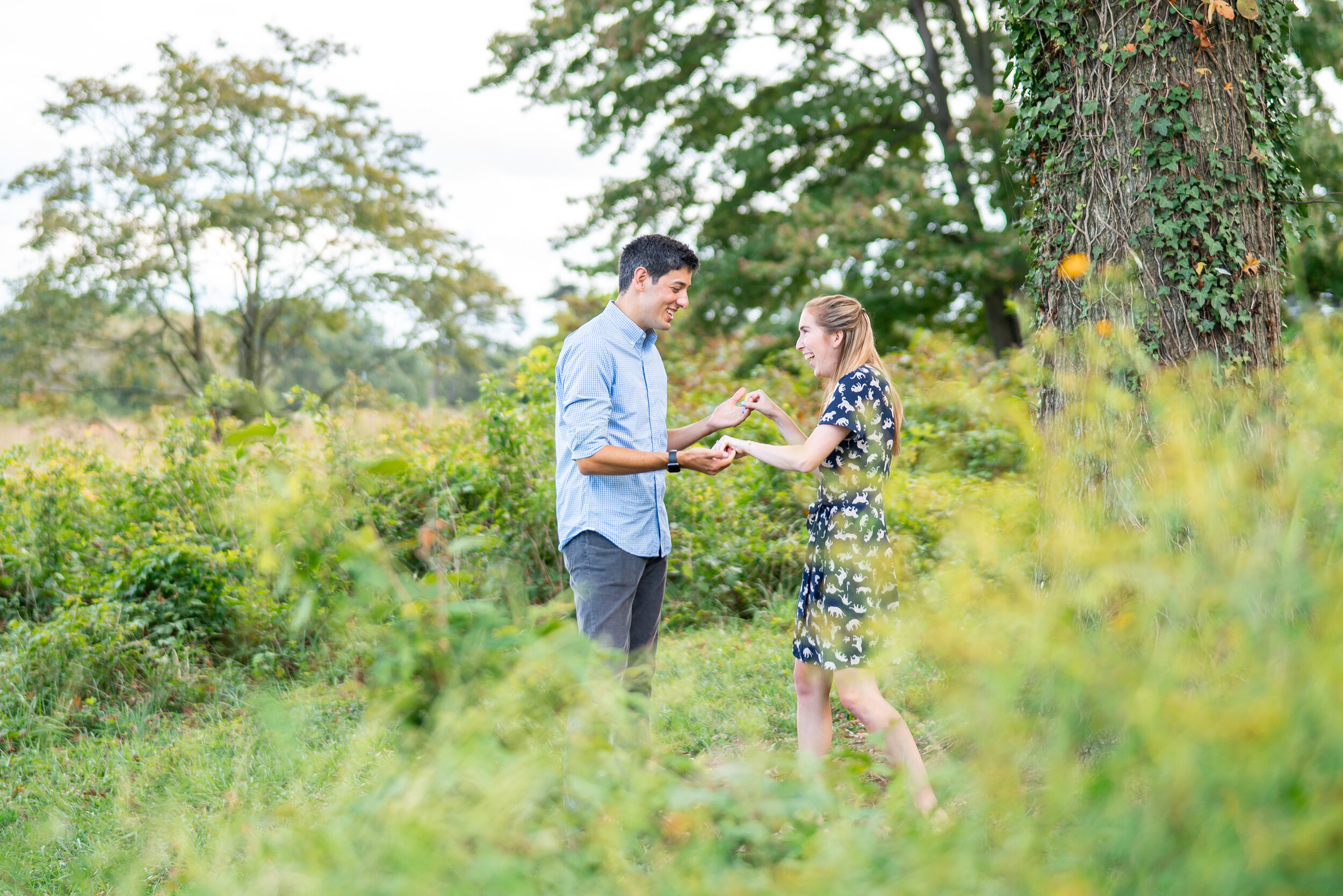Engaged couple dancing under tree  at the National Arboretum