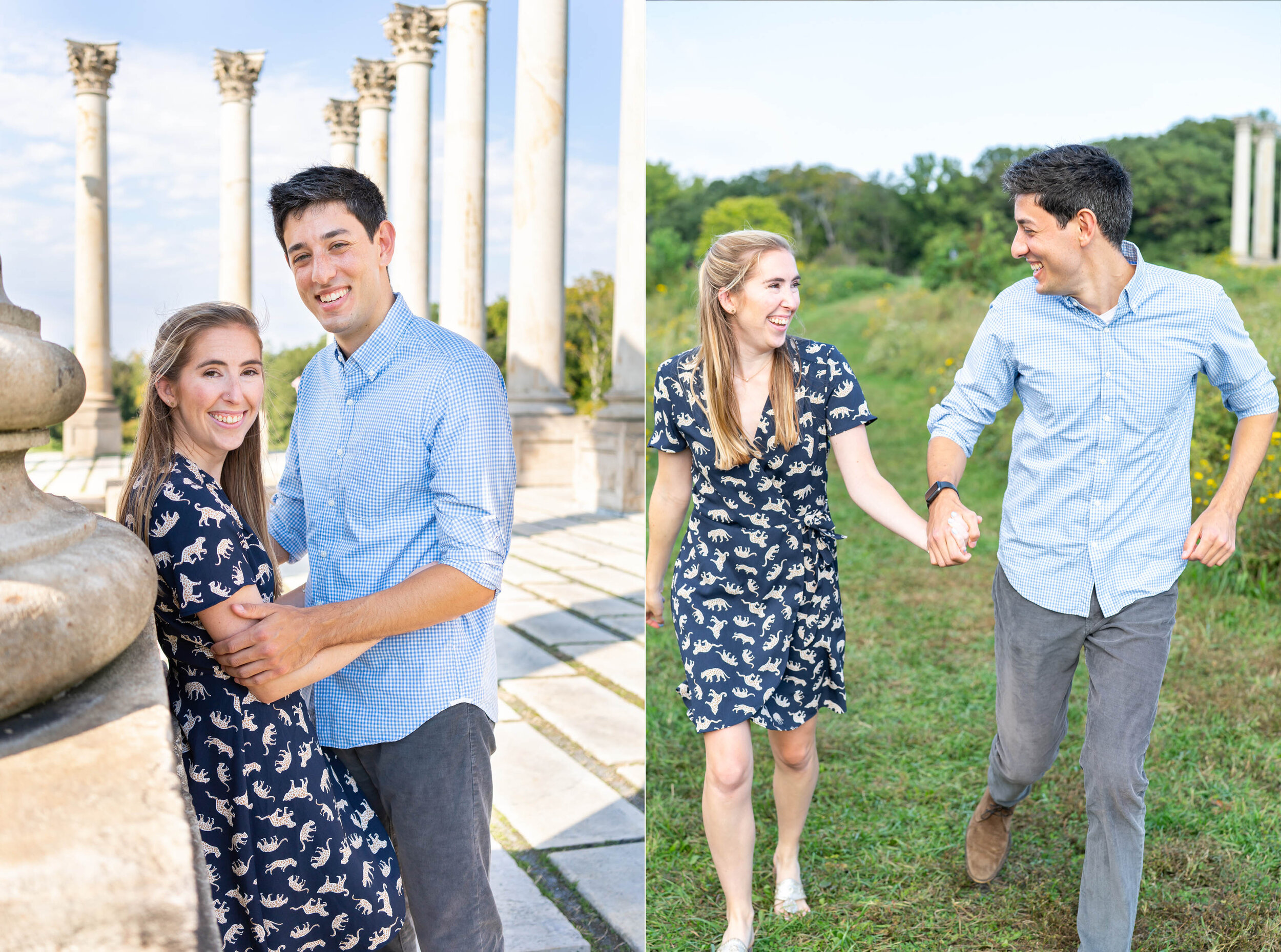 Couple running through the fields and under columns at National Arboretum