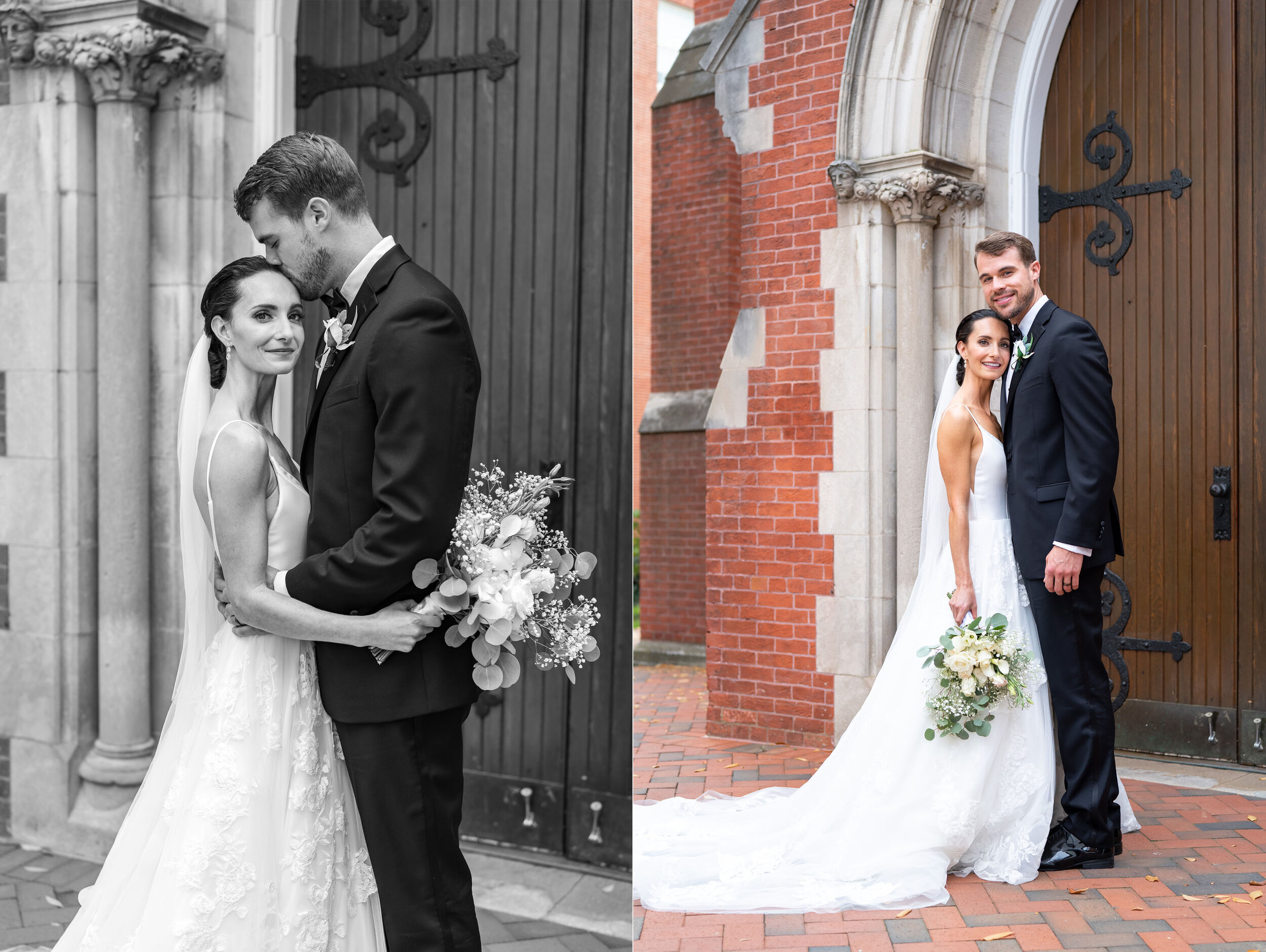 Bride and groom in front of chapel doors Georgetown University 