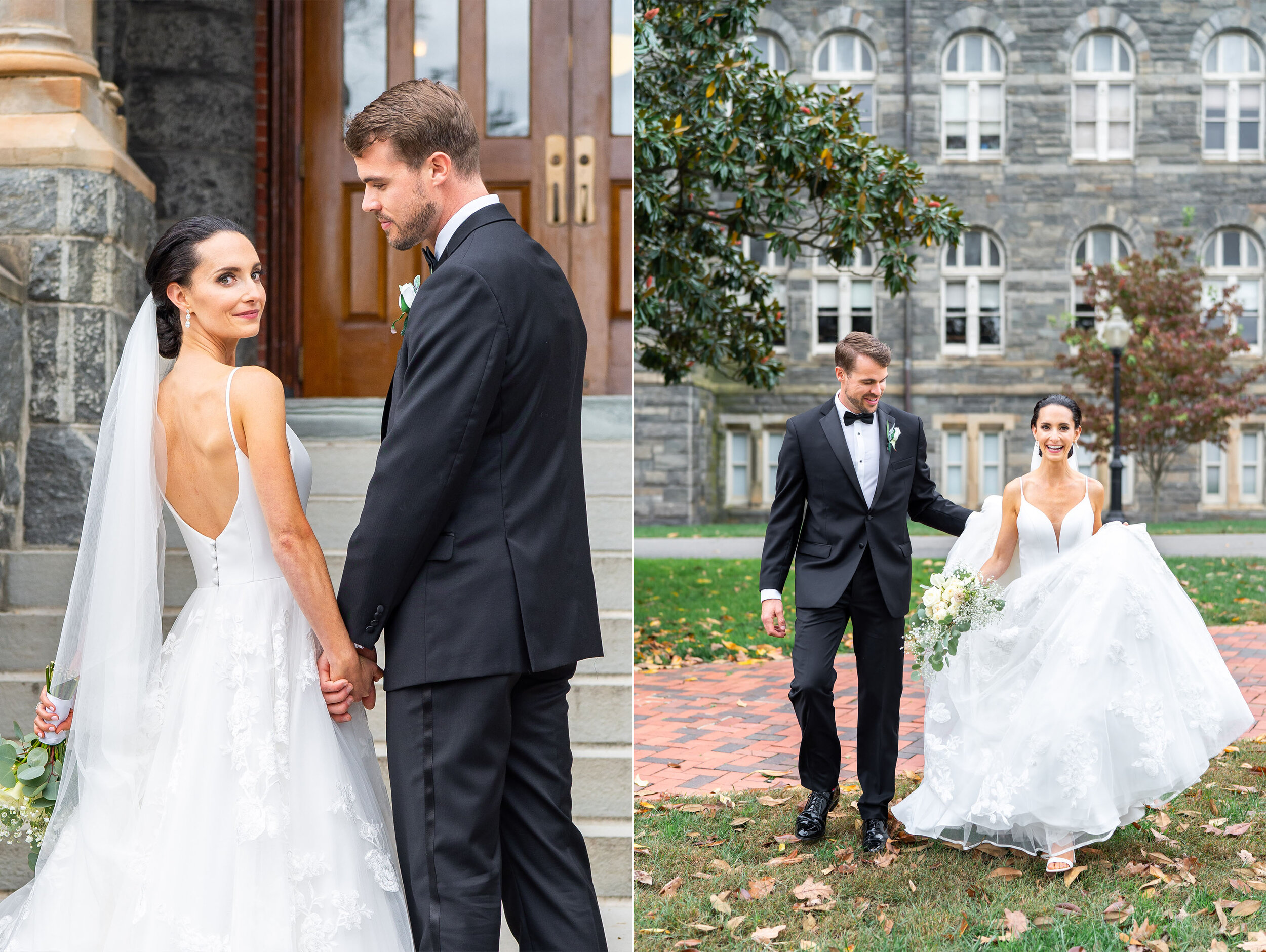 Bride and groom pose on the grounds of Georgetown University steps in fall