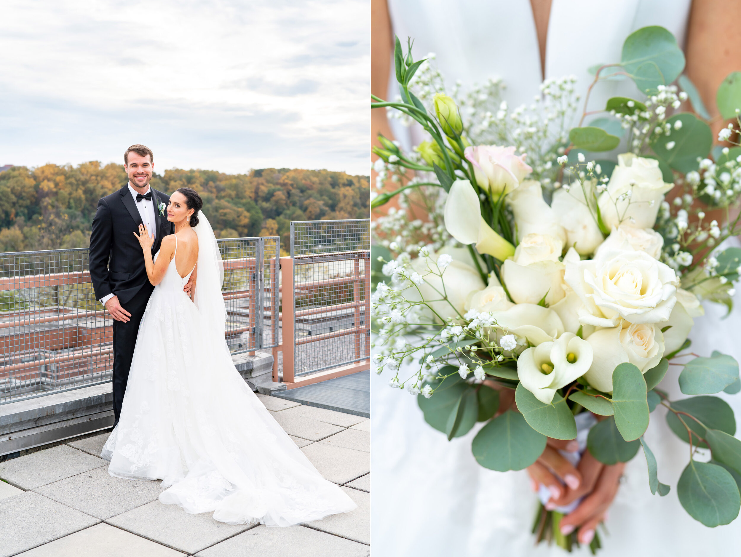 Bride and groom pose on rooftop over Alexandria and Potomac River