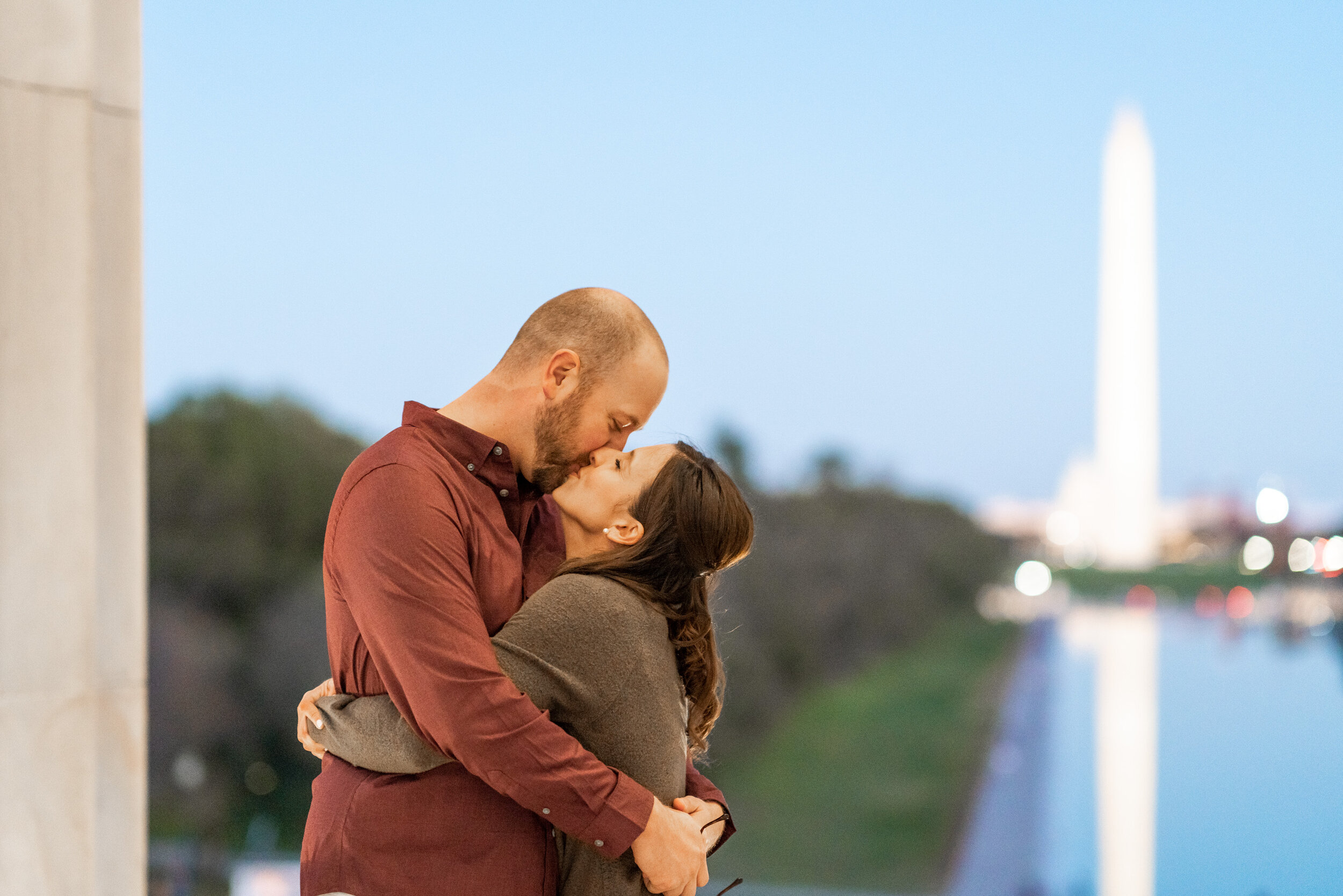 Night time engagement session at Lincoln Memorial
