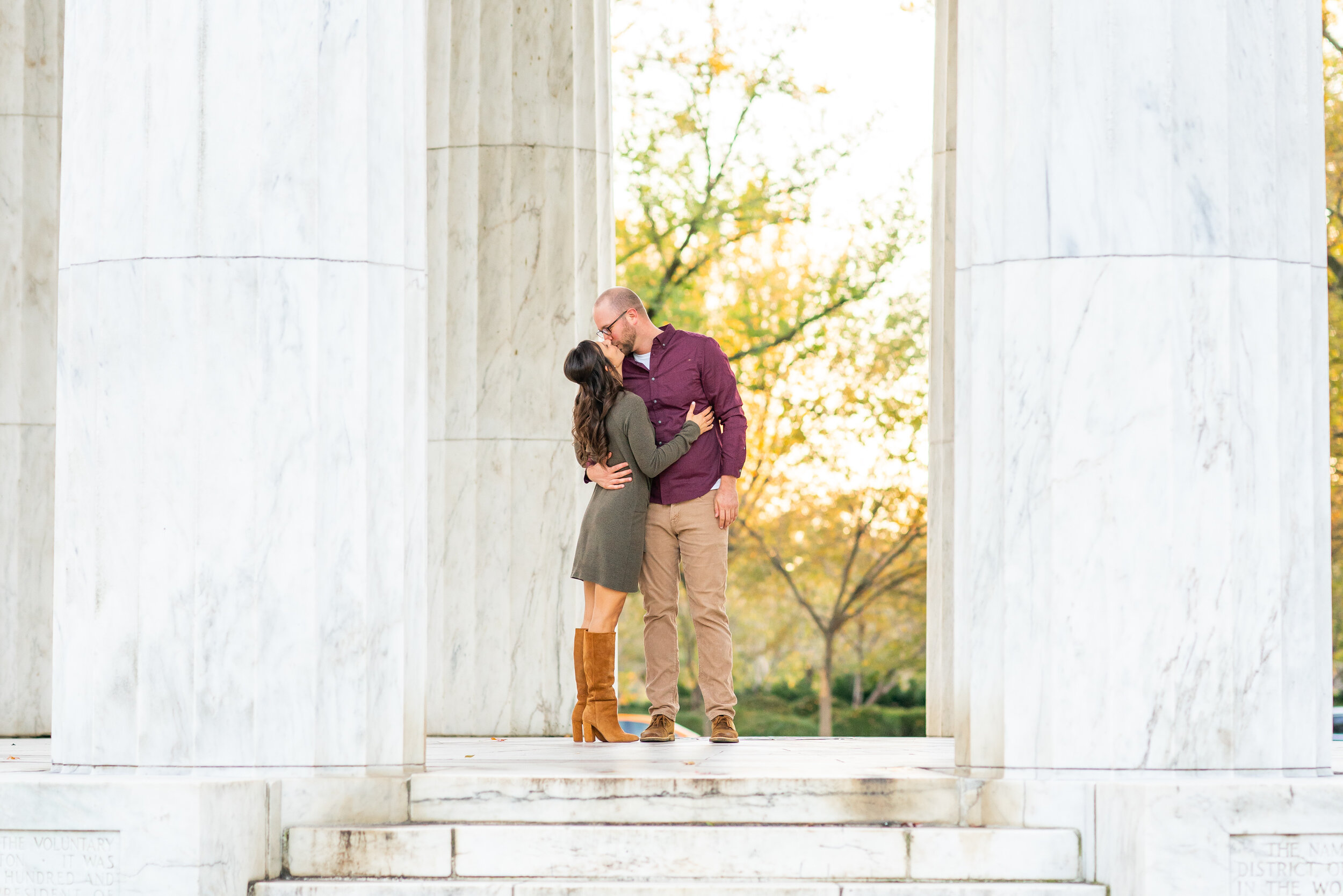 Bride and groom fall engagement session at DC War Memorial