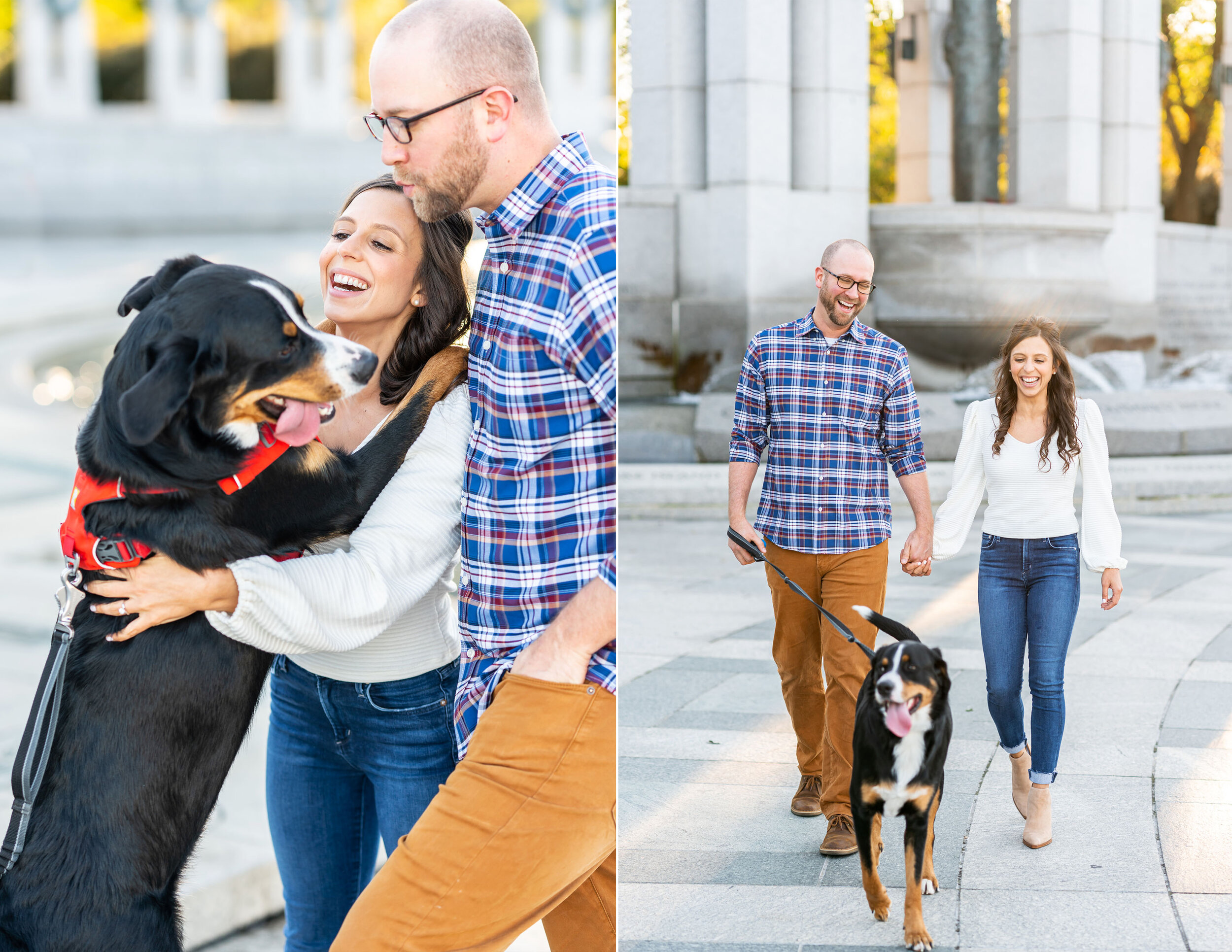 Bride and groom with their dog engagement session at WWII Memorial