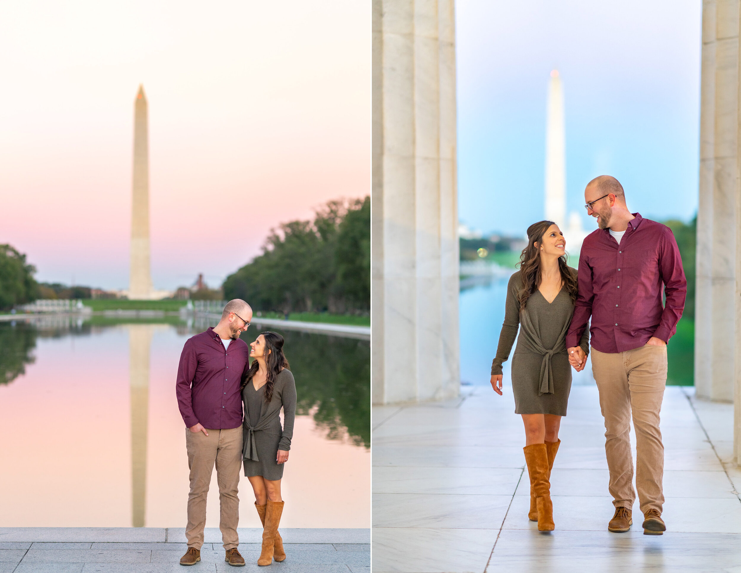 Bride and groom at sunset in front of reflecting pool and monument