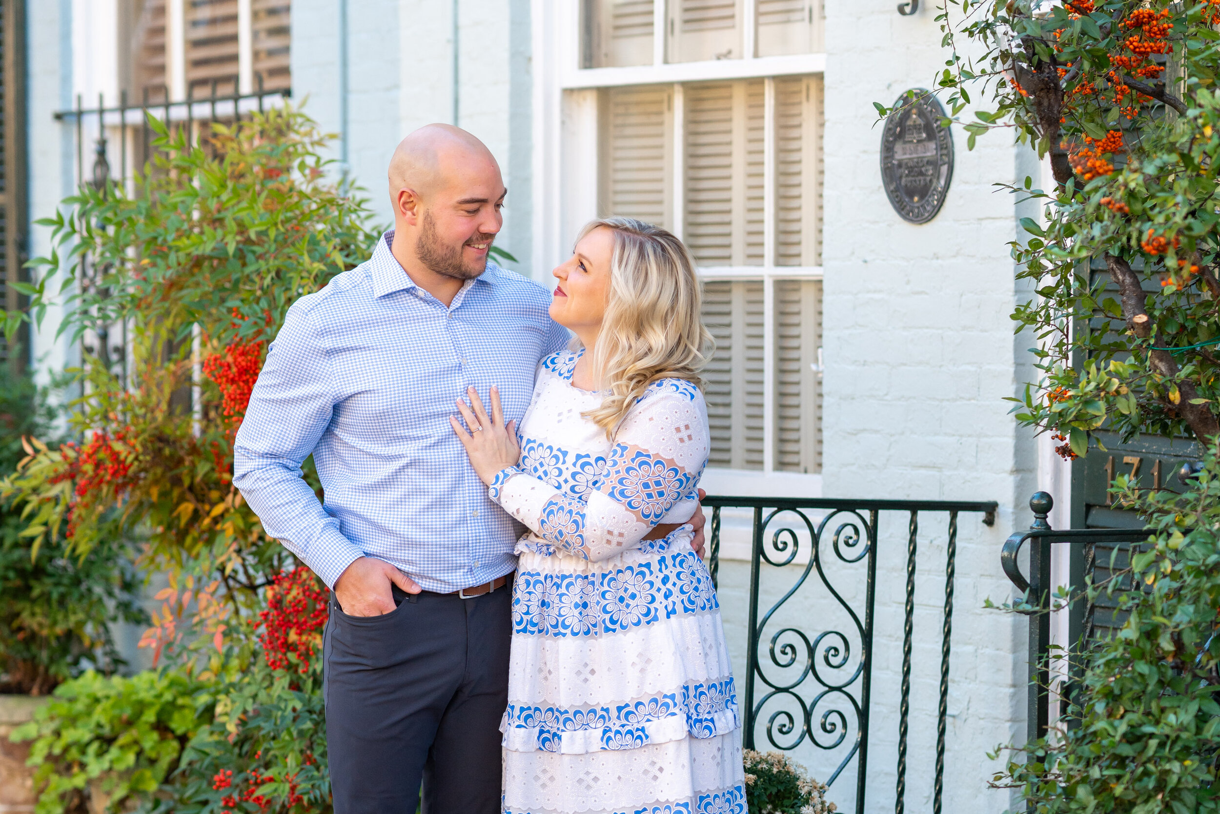 DC Engagement session in blue lace dress and blue mens shirt