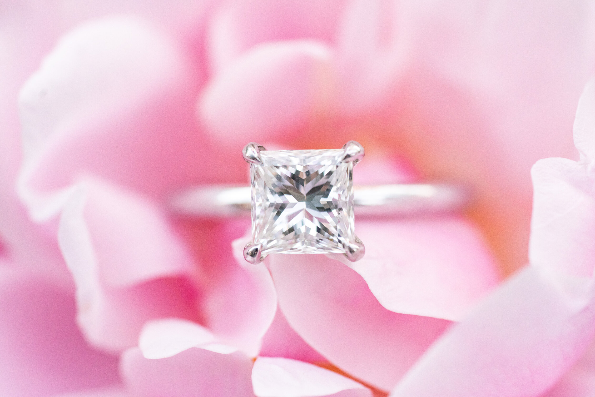 Square princess cut diamond ring in pink cherry blossoms