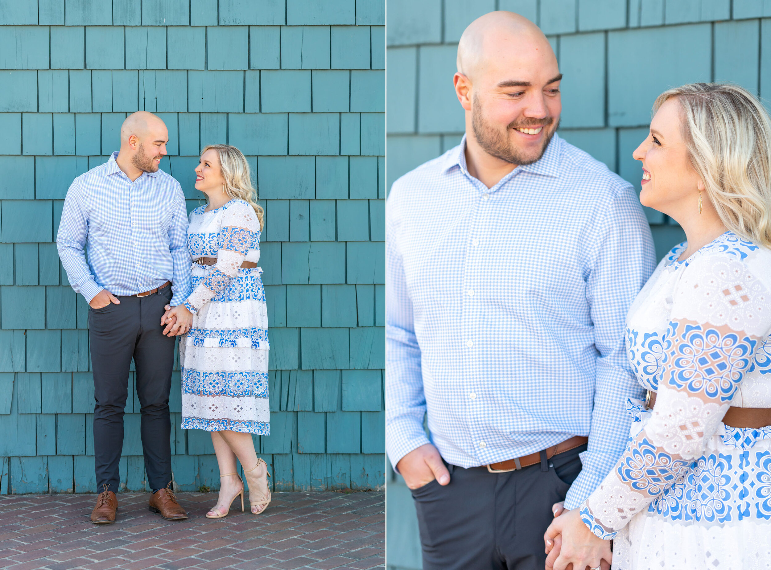 Bride and groom pose for engagement portraits in Alexandria 