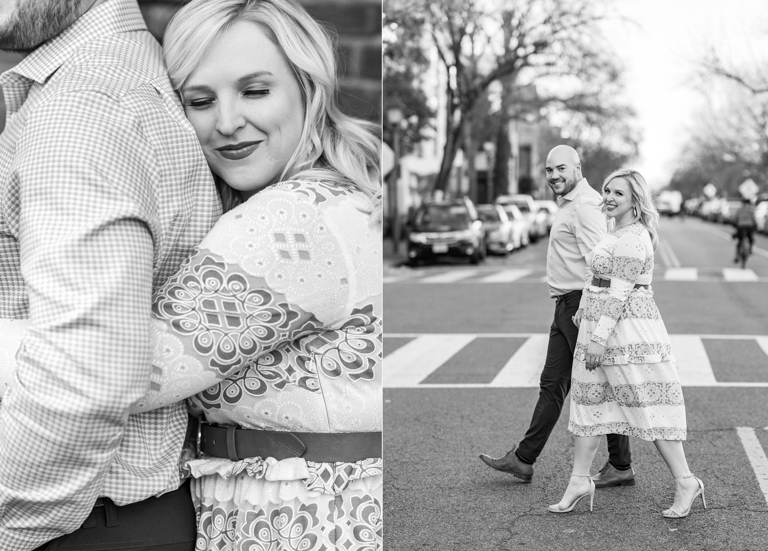 Black and white photos of bride and groom crossing street in Alexandria