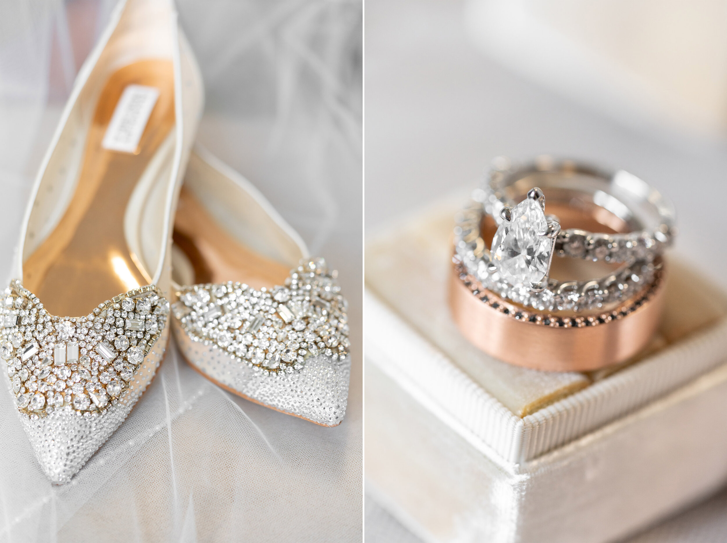 Badgley Mischka flats and rings at Evergreen Country Club wedding