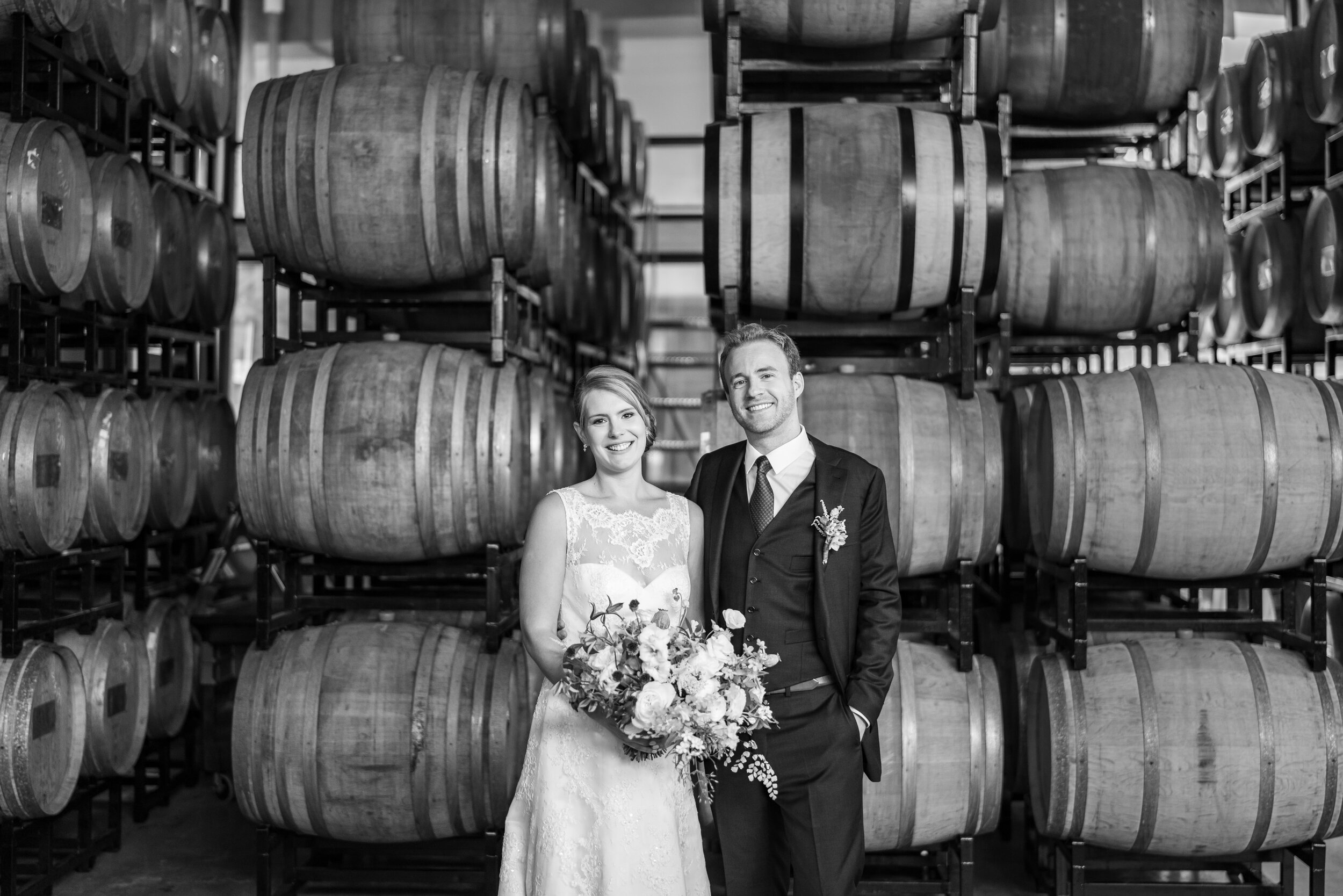 Bride and groom black and white portrait at District Winery