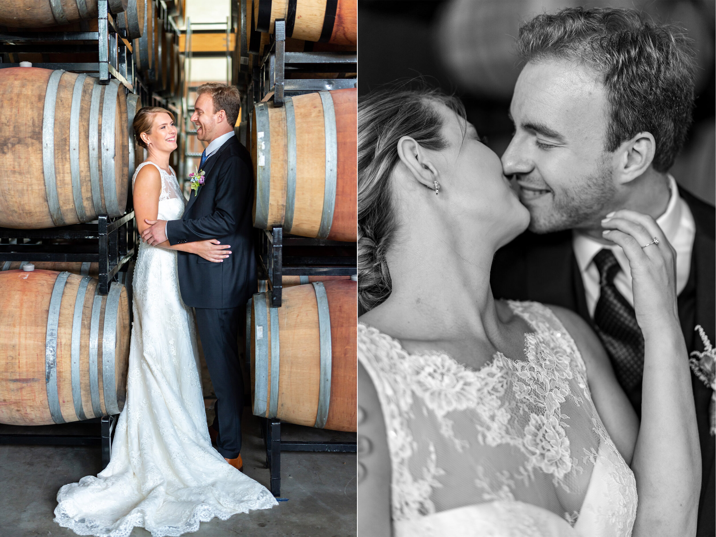 Bride and groom pose in barrel room at District Winery in DC