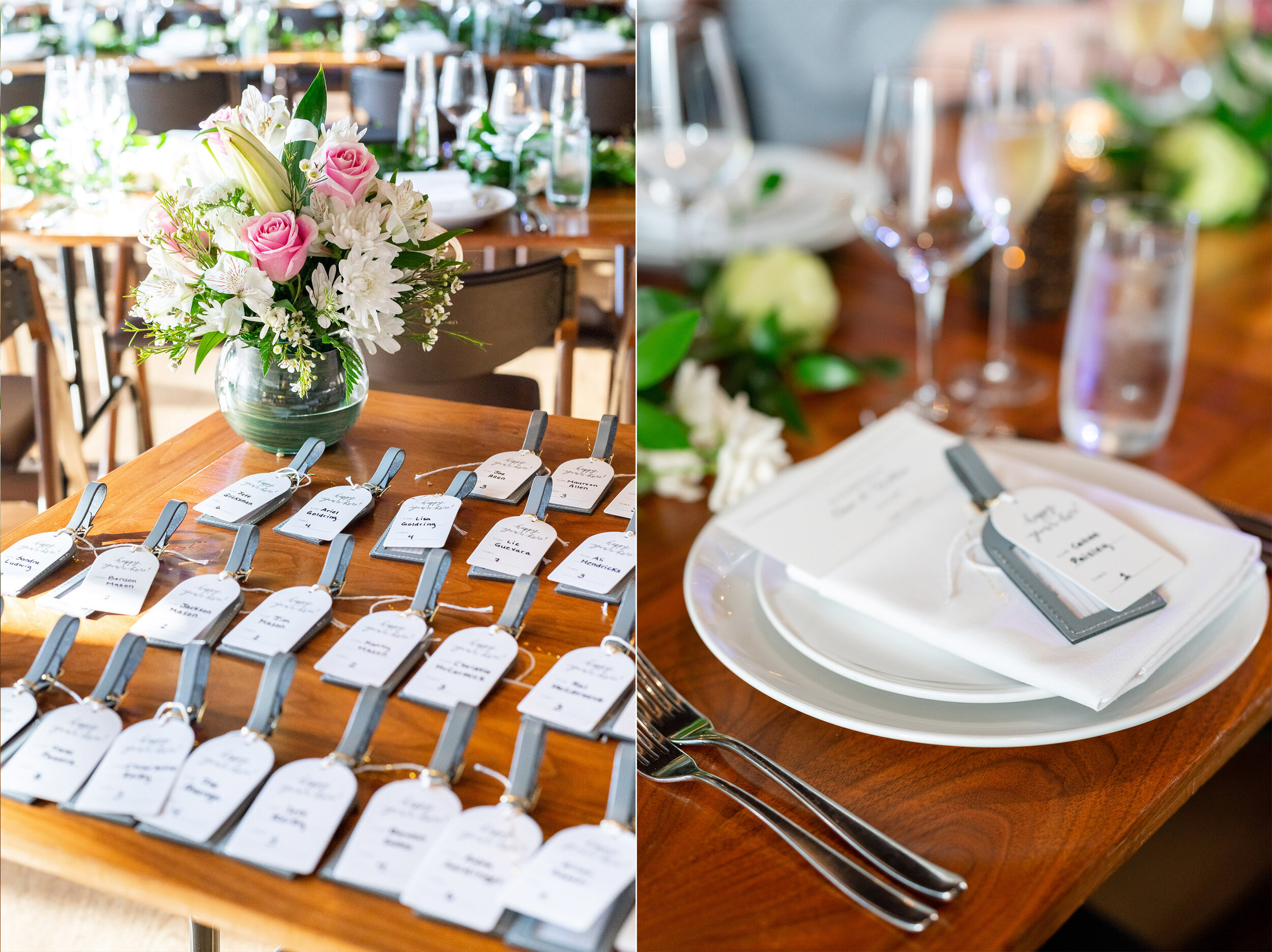 Luggage tag wedding favors at District Winery table set up