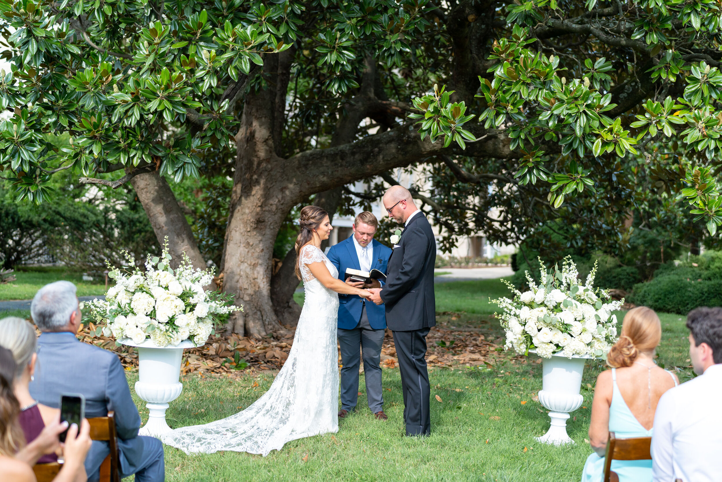 Bride and groom face each other holding hands under huge DC magnolia tree