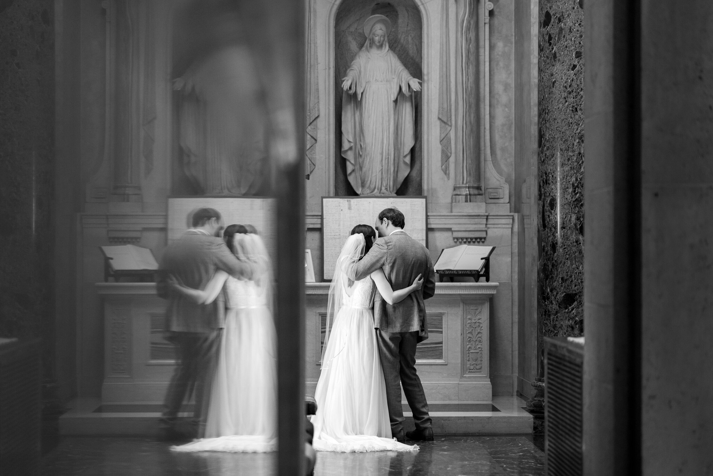 Bride and groom in dramatic black and white photo at  Georgetown Prep