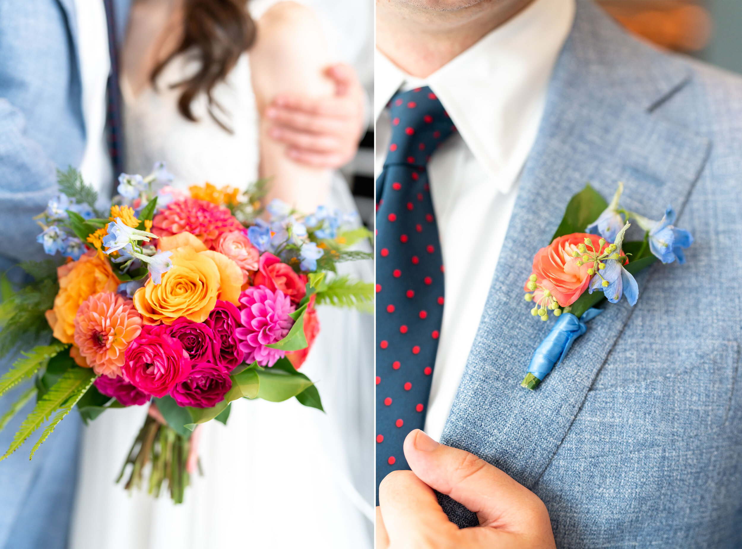 Colorful pink orange and blue bouquet at Marriott Bethesda