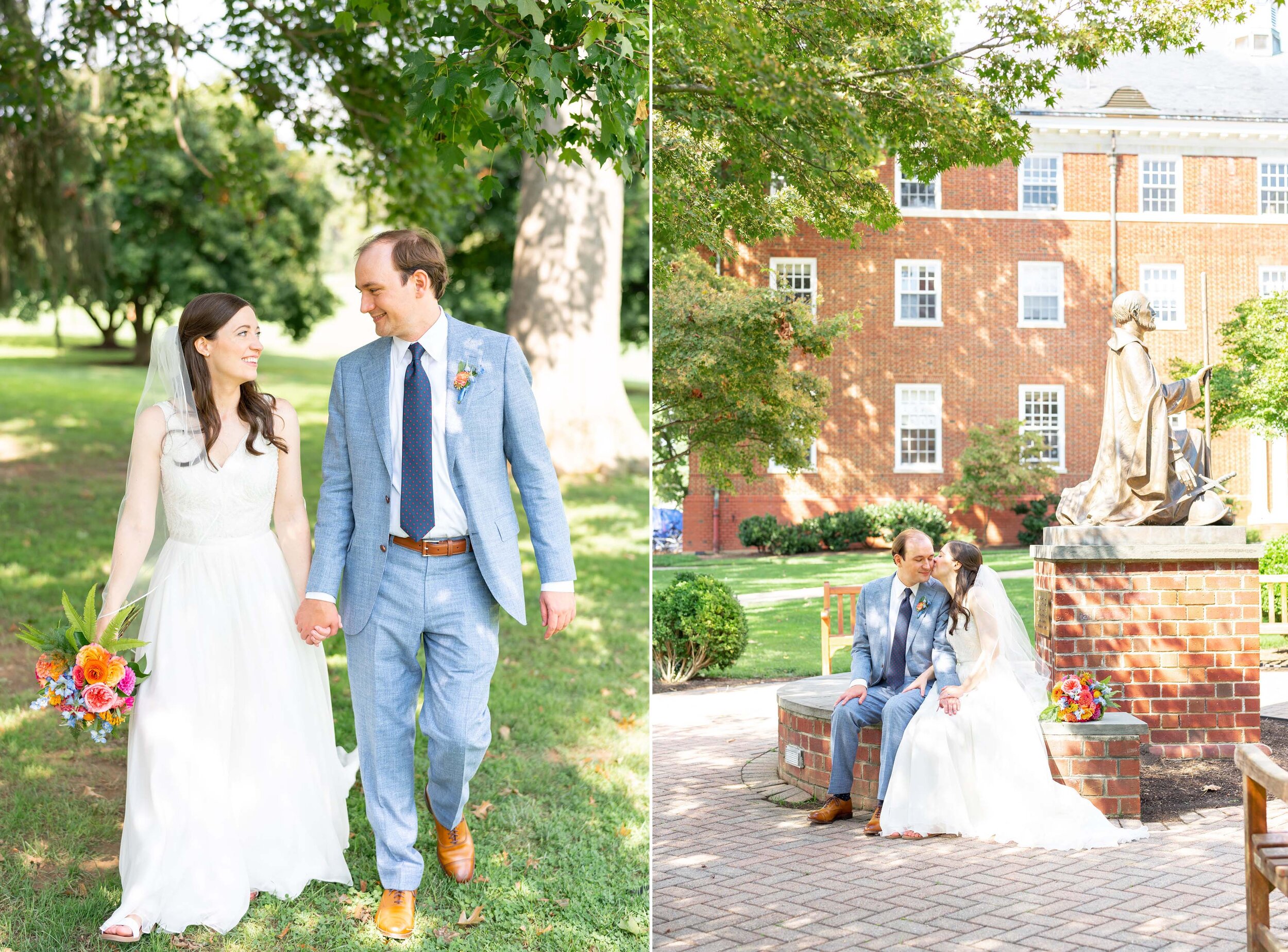 Bride and groom walk around Georgetown Prep school in maryland wedding