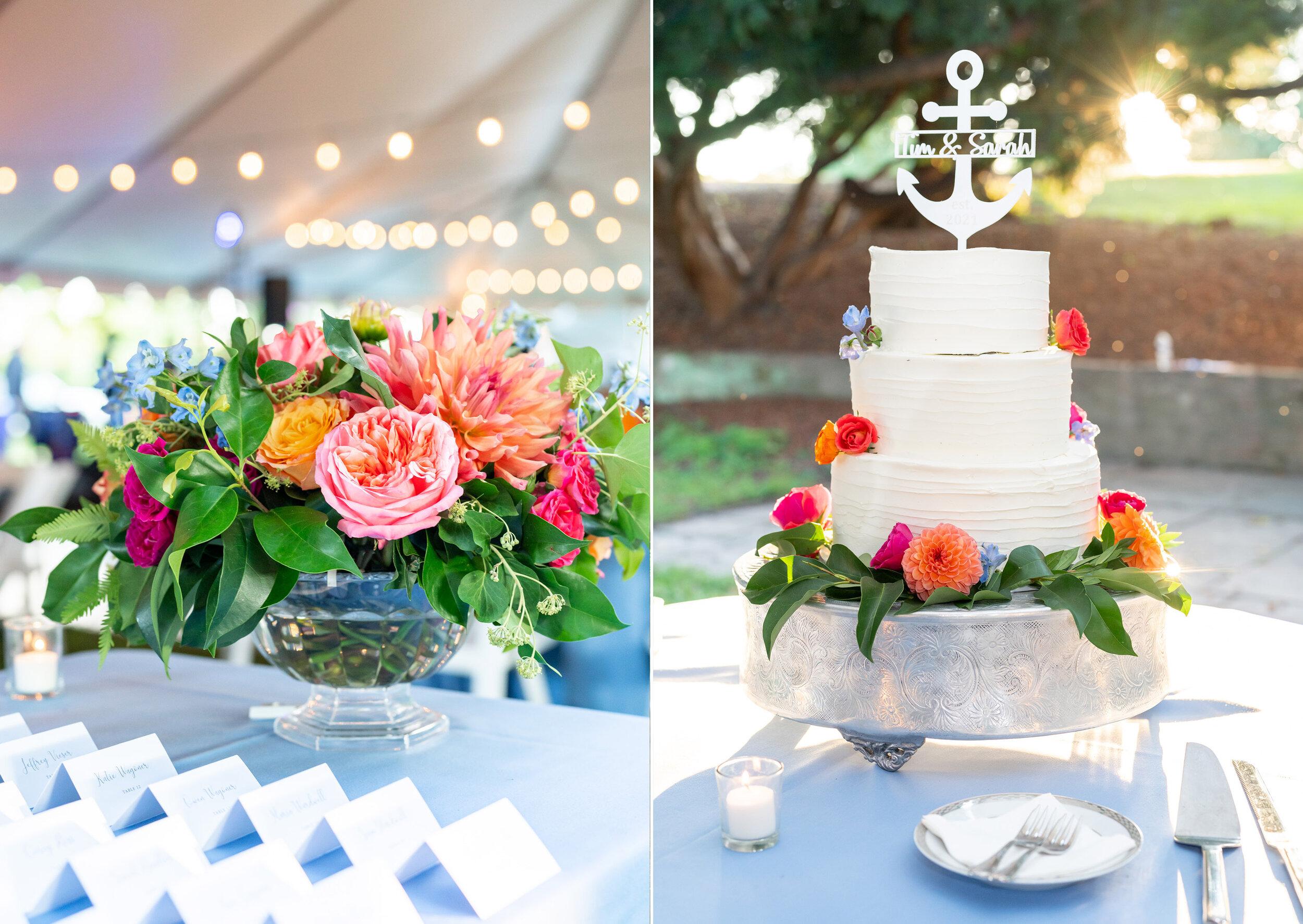 Colorful flowers and bouquet and details on white cake at Glenview Mansion