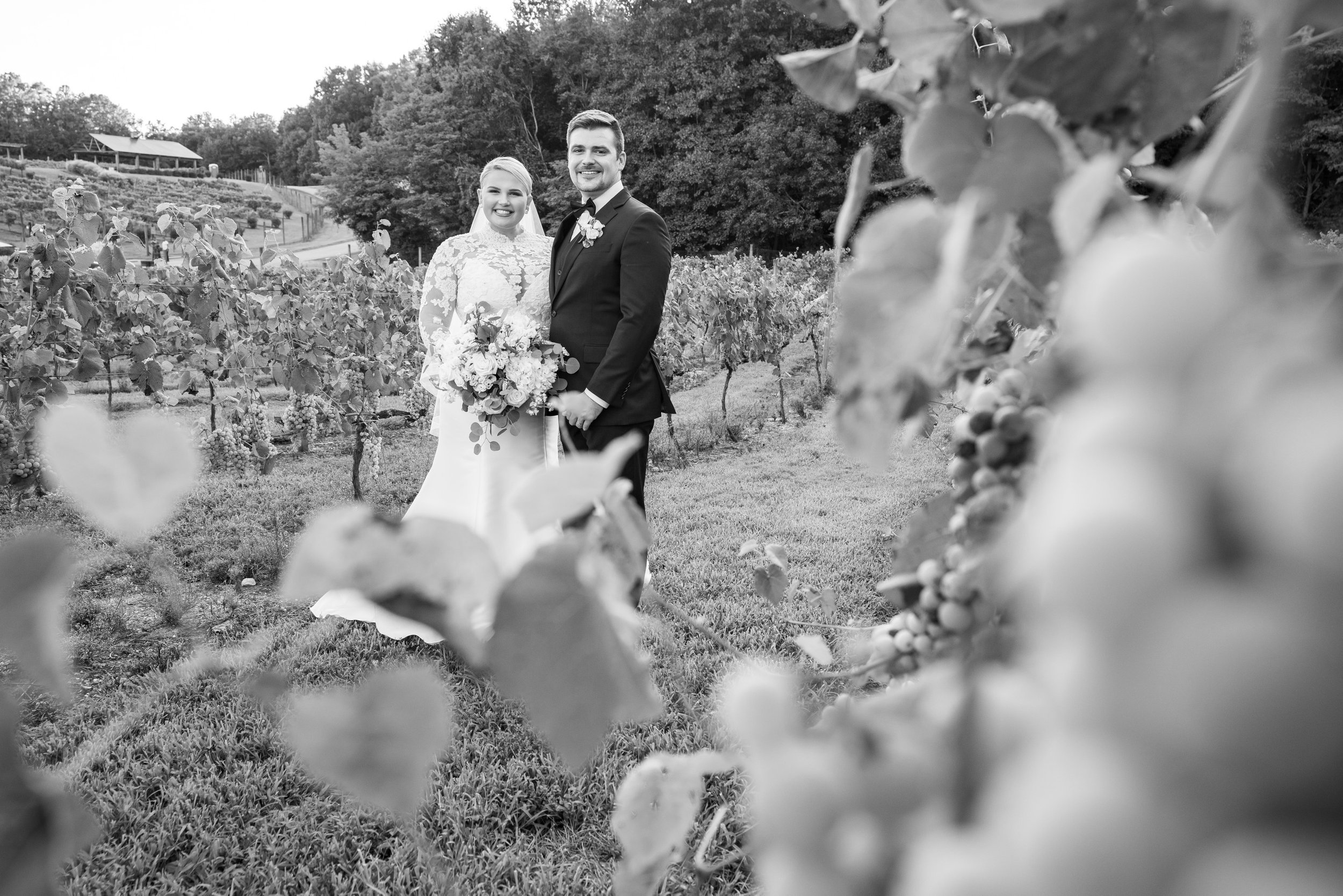 Bride and groom pose at running hare vineyard on the wedding day