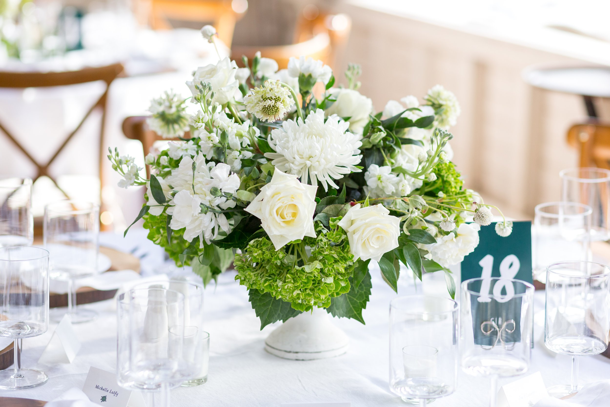 modern romantic white and green farm table rustic flower centerpiece 