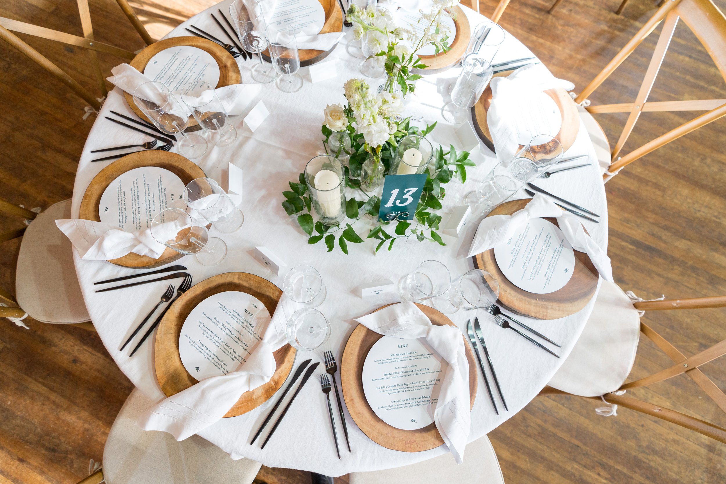 Rustic glamorous farm table setting at Sherwood Forest Club wedding