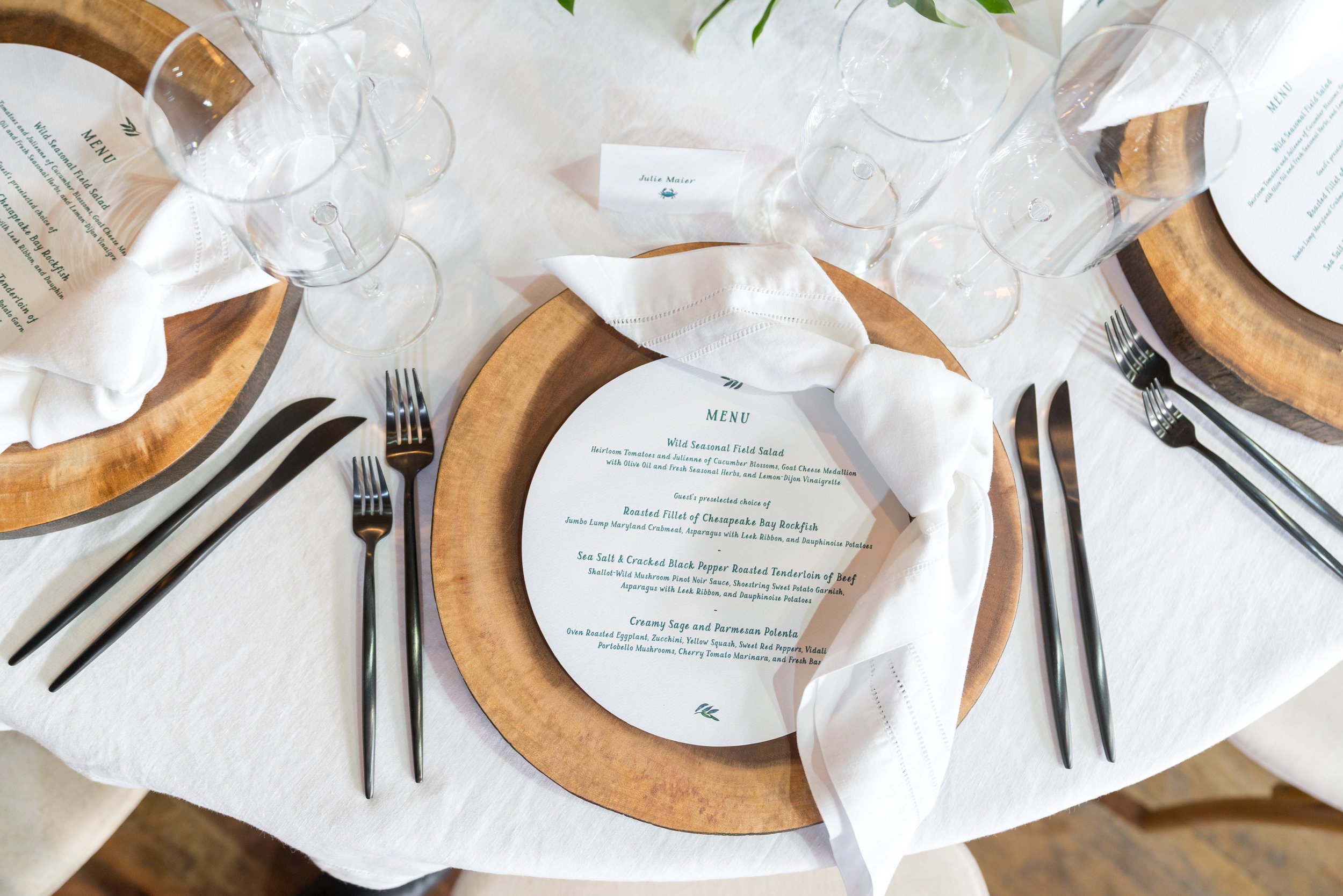 Table centerpiece and set up in rustic waterfront wedding
