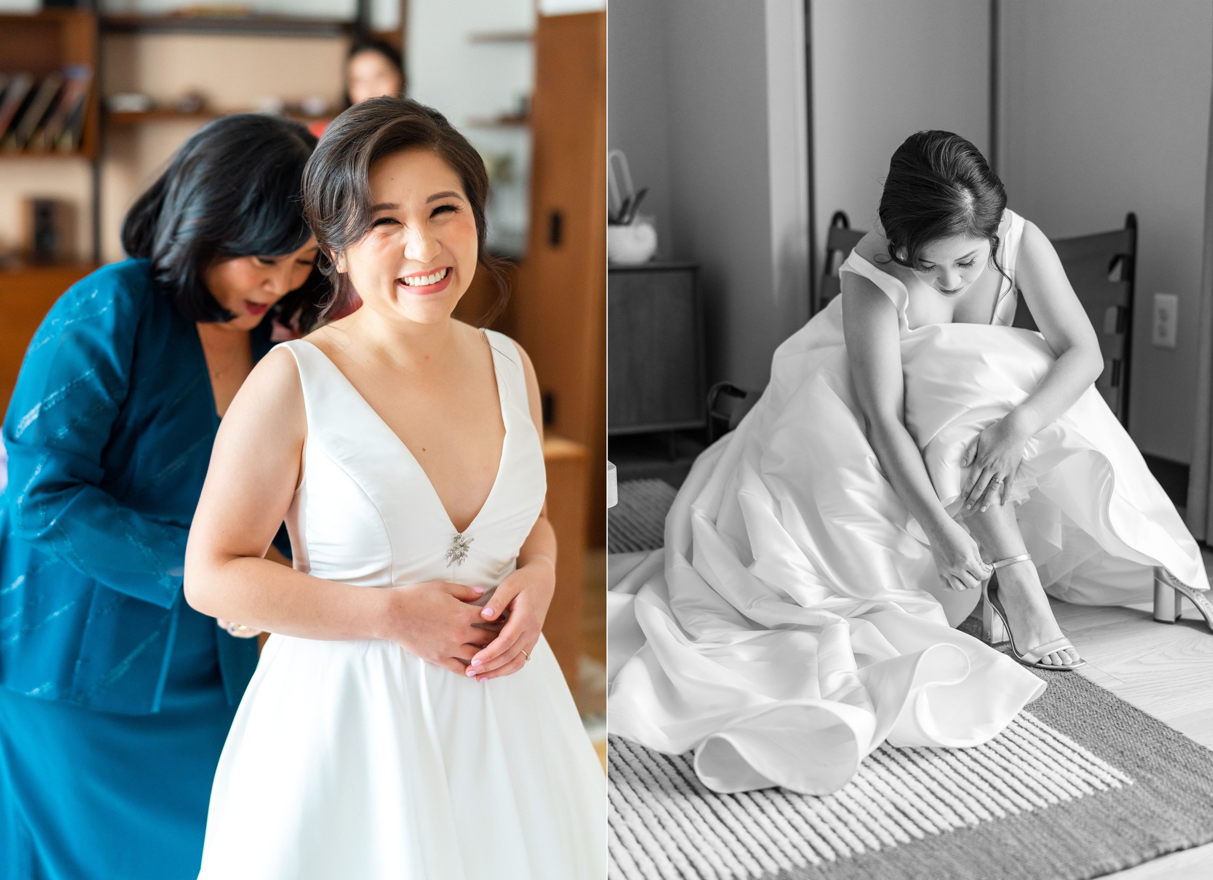 Classic photos of bride putting on shoes in wedding gown black and white images