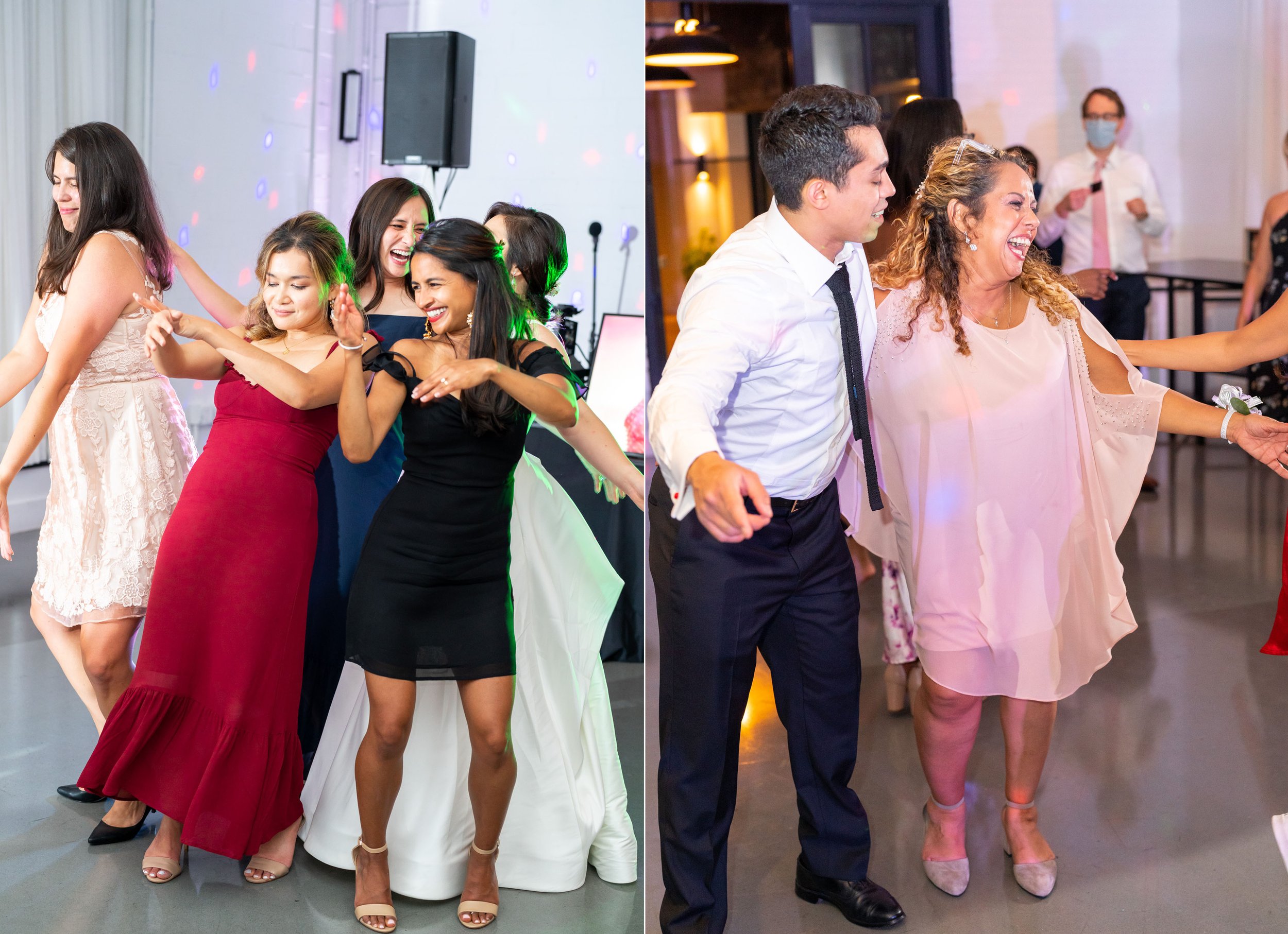 Guests dance with bride and groom during fun wedding reception
