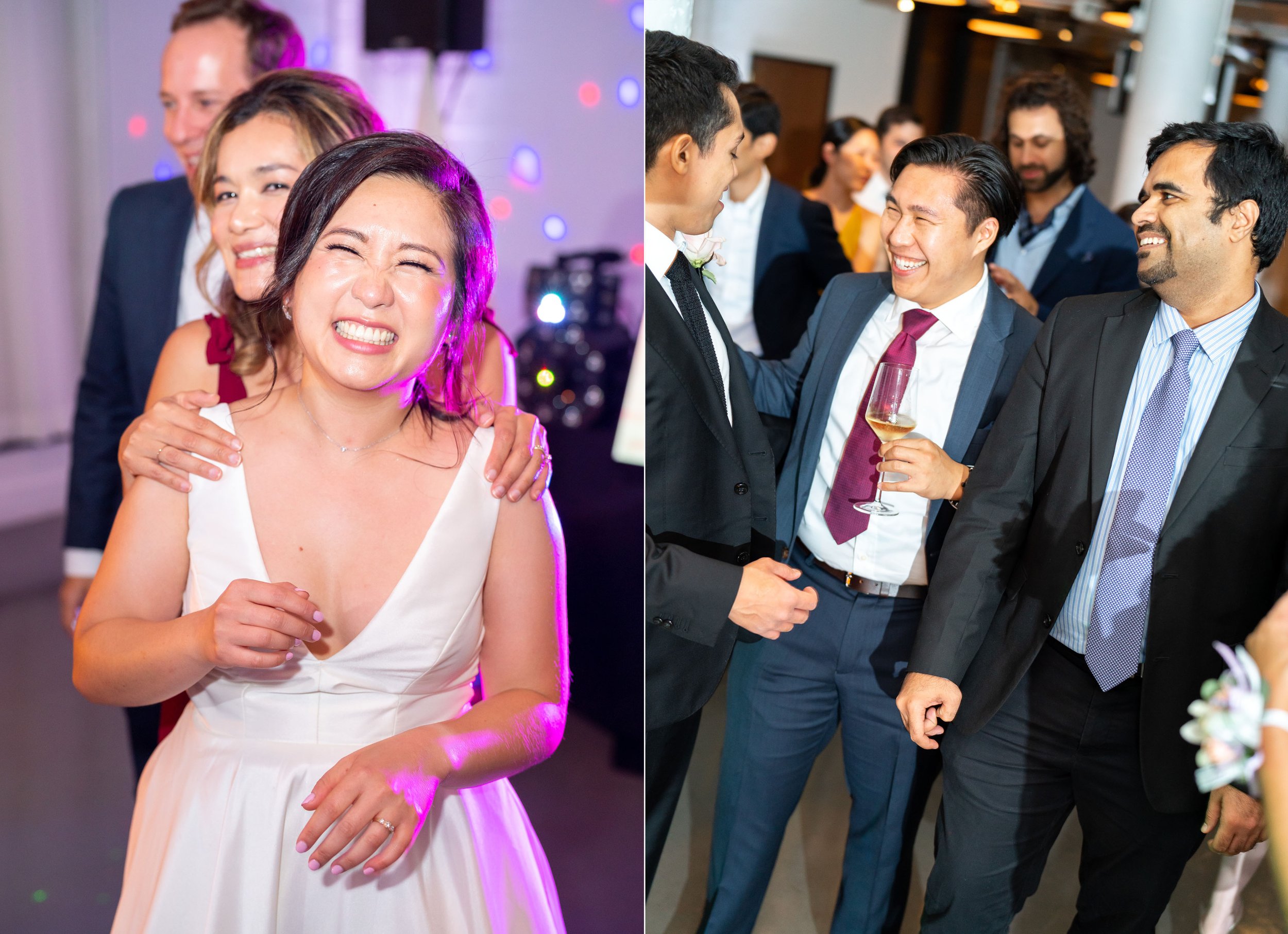 Bride laughing with guests at this fun wedding day photos