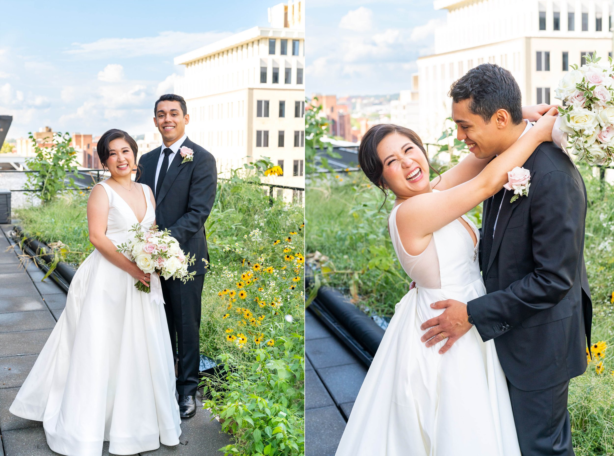 Fun summer rooftop bride and groom wedding photos in Washington DC