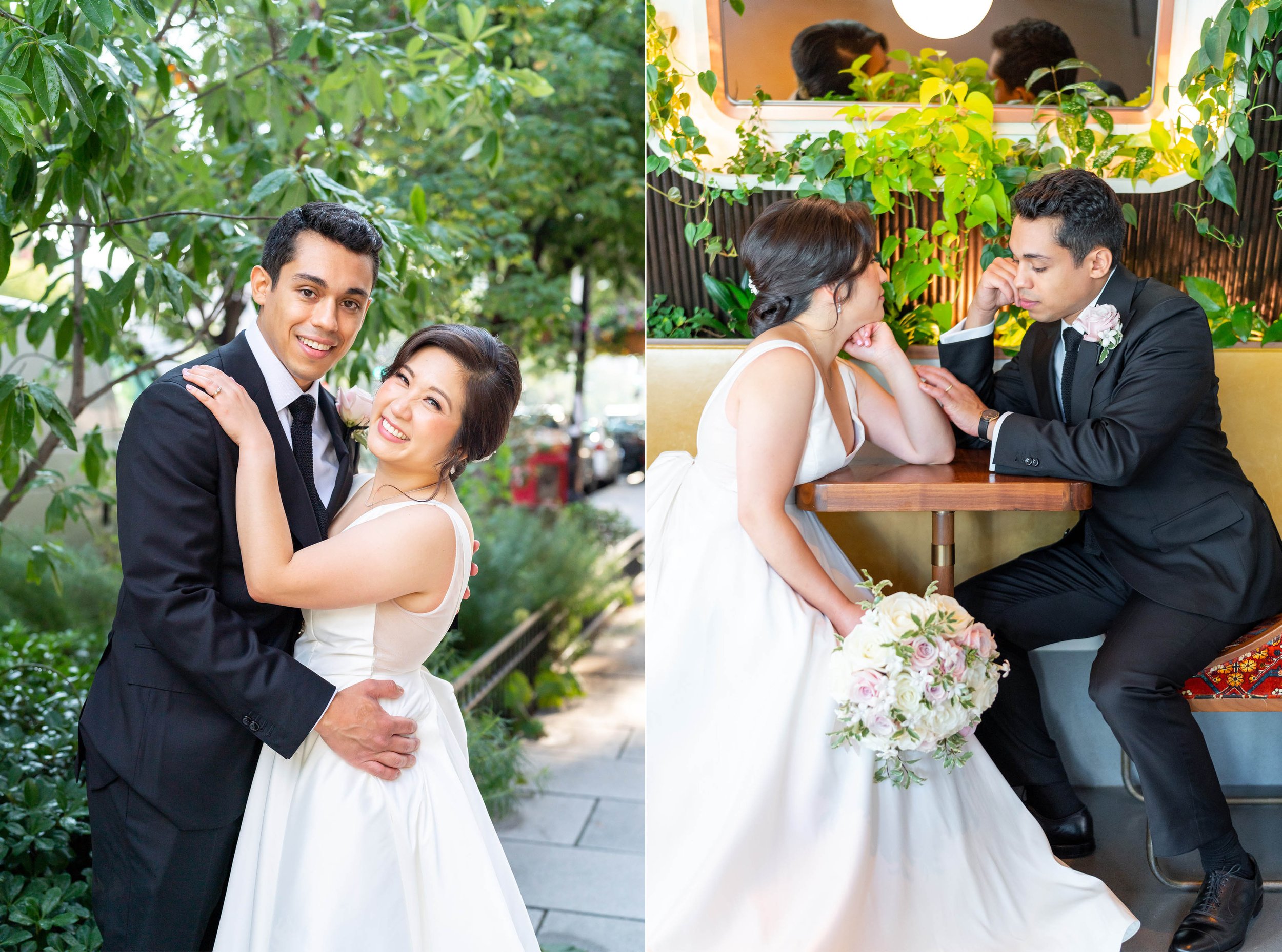 Garden and cafe portraits of bride and groom at the Eaton hotel in Washington DC